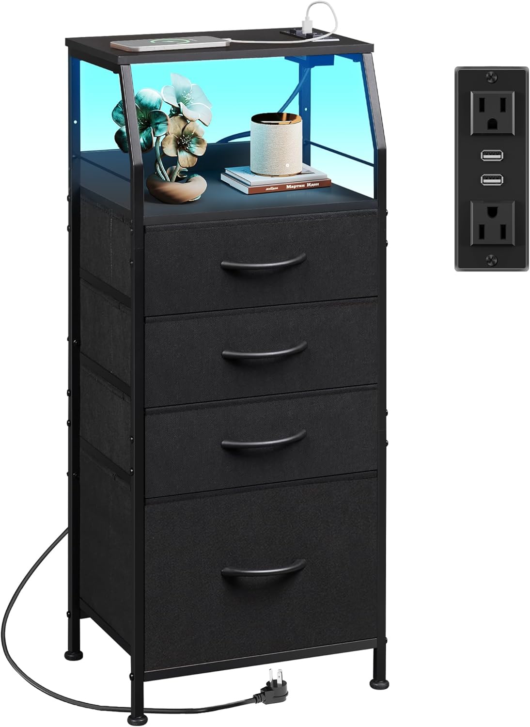 WLIVE Night Stand with Charger Station, LED Nightstand with 4 Fabric Drawers and Storage Shelf, Tall Dresser for Bedroom, 37.48" H Bedside Table with 3 USB Ports and Outlets, Black
