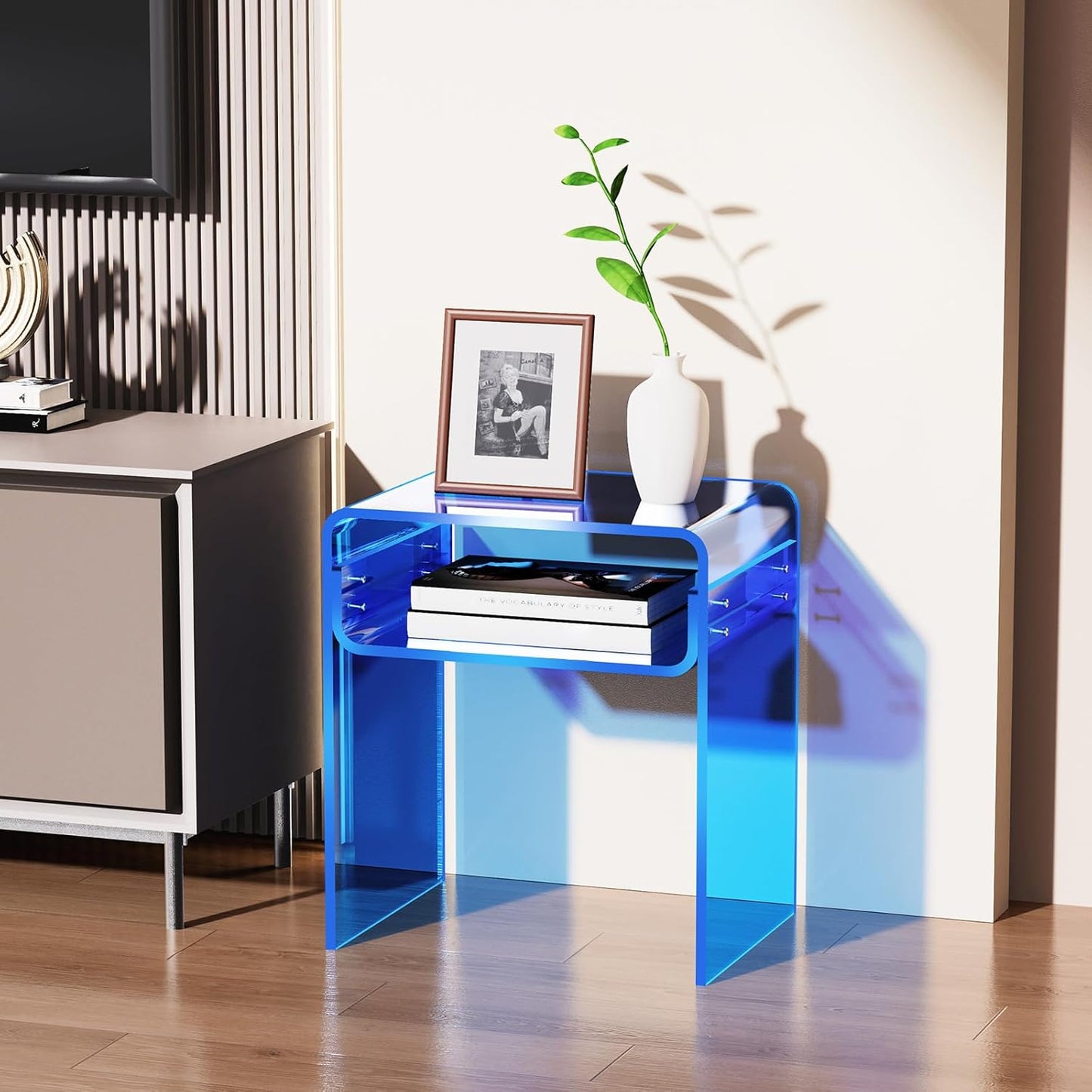 Clear Acrylic End Table 2-Tier Bedside nightstand for Living Room Bedroom Home Decor (Blue)