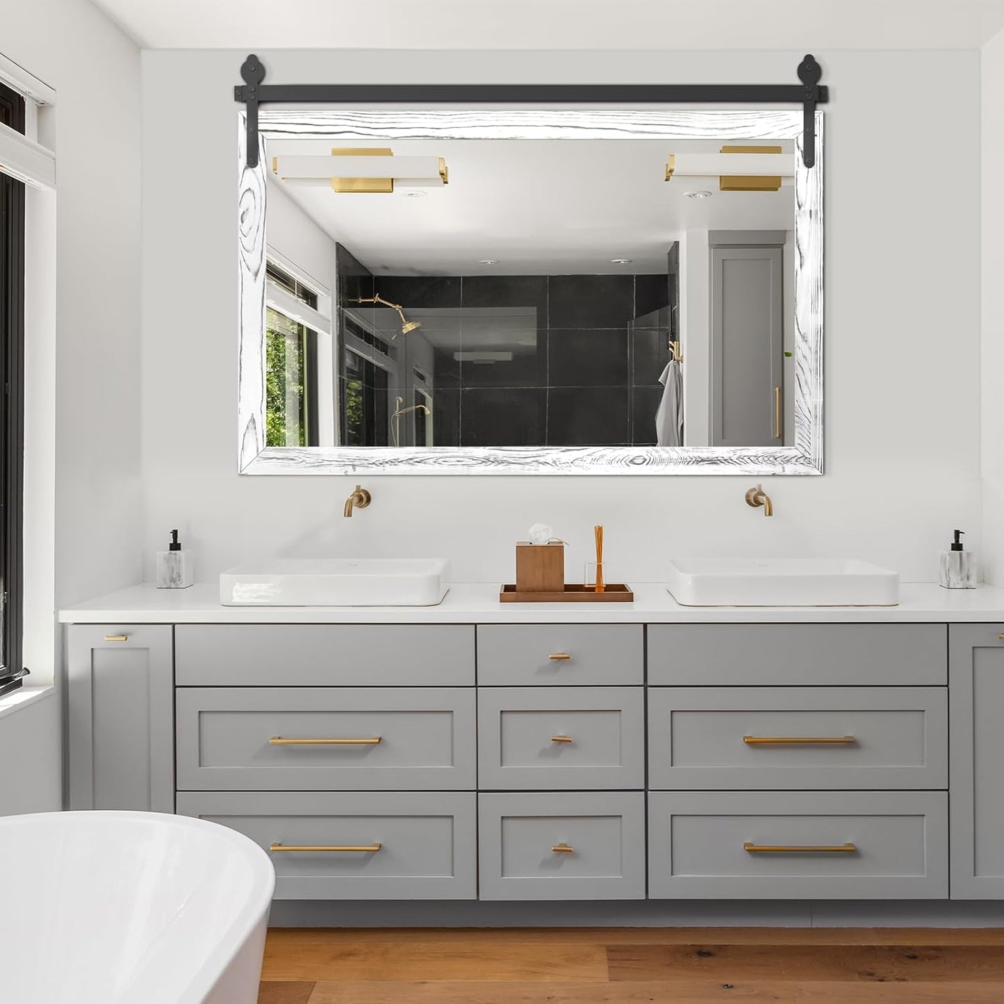 YOSHOOT Farmhouse Barn Door Mirror, 40"x26" Rustic Wood Framed Wall Mirror, Wall Mounted Vintage Mirror, Wooden Farmhouse Style for Bathroom Living Room Entryway, White, Horizontal Hanging ONLY