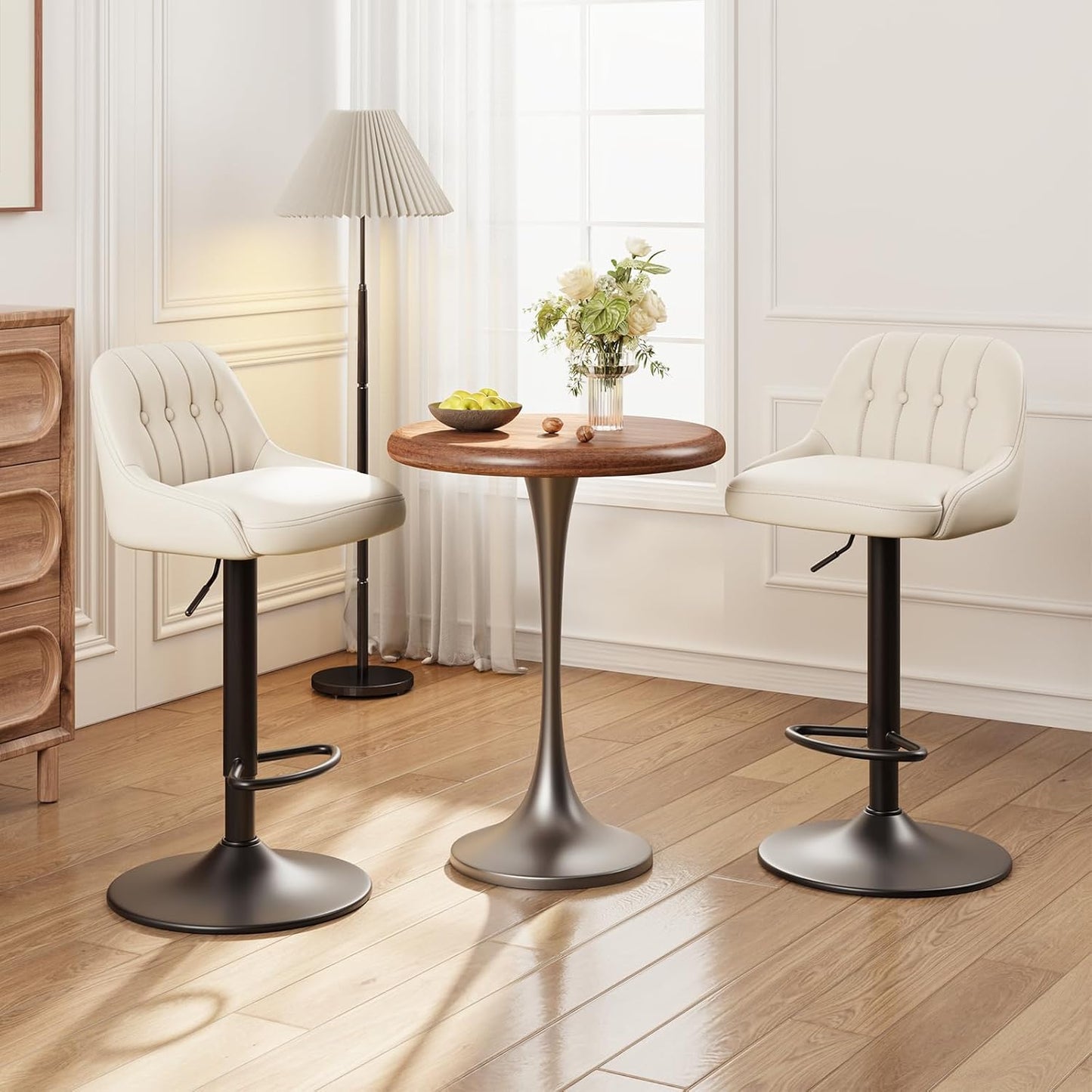 Bar Stools Set of 2, Swivel Bar Chairs, Modern Adjustable PU Leather Upholstered Barstools Counter Height with Tufted Back for Bar, Kitchen Counter Island, Dining Room, Beige