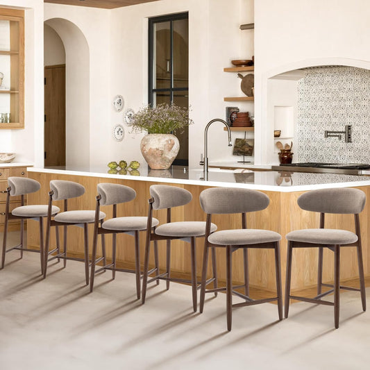 COLAMY Mid-Century Modern Upholstered Counter Height Bar Stools Set of 6, Kitchen Island Stools with Contoured Fabric Seat, Wood Legs, Camel