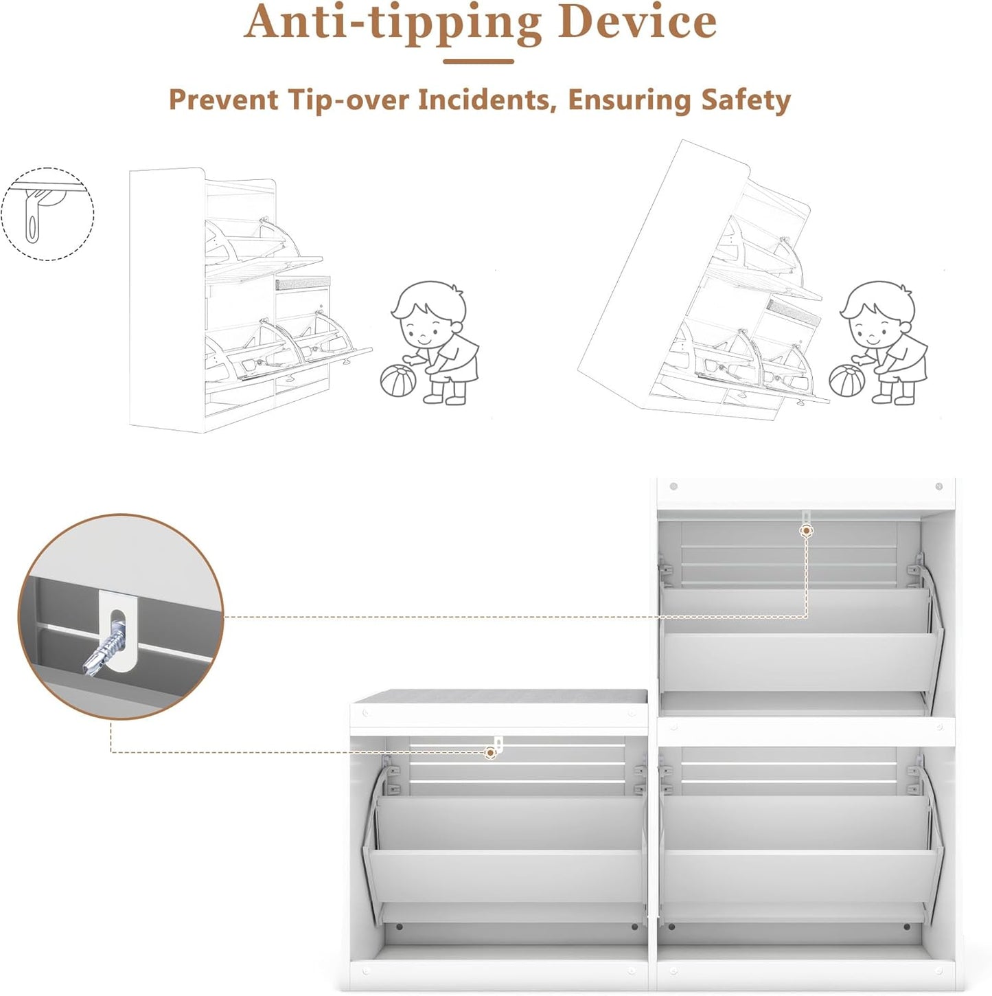 Shoe Bench with 3 Flip Drawers, Entryway Storage Bench with Cushion, Adjustable Shelves, Shoe Cabinet with Storage Space for Entryway, Living Room, Hallway, Mudroom, Bedroom, White