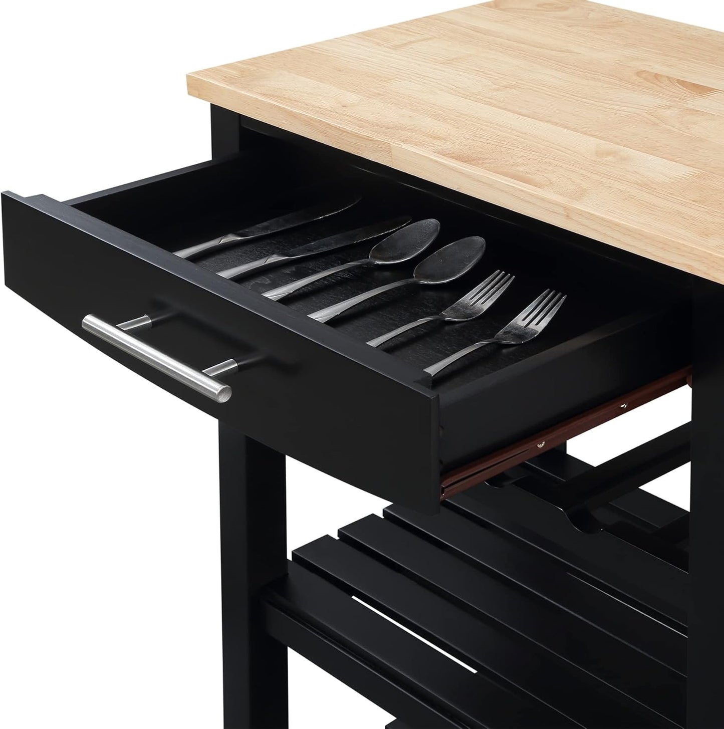 Convenience Concepts Ellaine 4 Tier Kitchen Cart with Drawer and Wine Rack, 24.75", Black/Butcher Block
