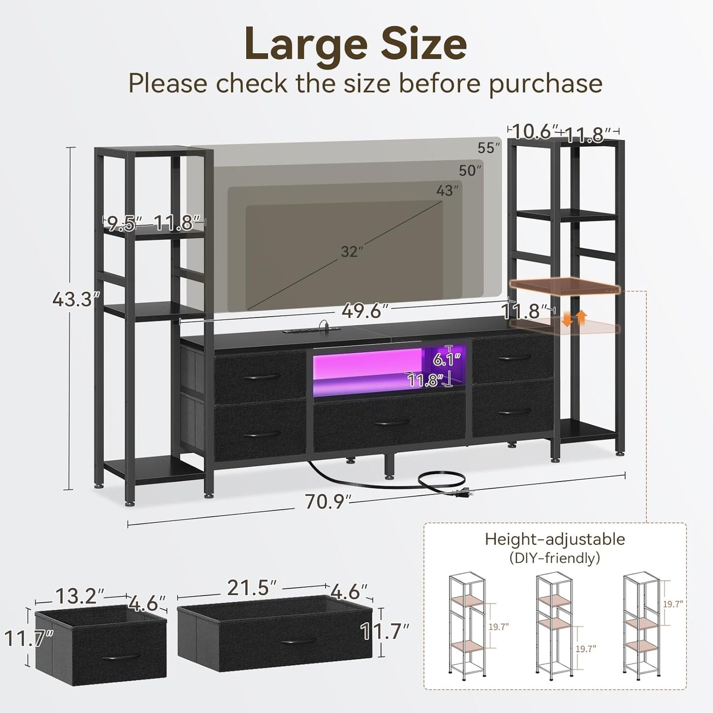 Casaottima 71" TV Stands for 43, 50, 55 Inch TV Entertainment Center with LED Lights and Power Outlets, TV Stand for Living Room with 5 Fabric Drawers & Shelf, TV Console Cabinet for Bedroom, Black