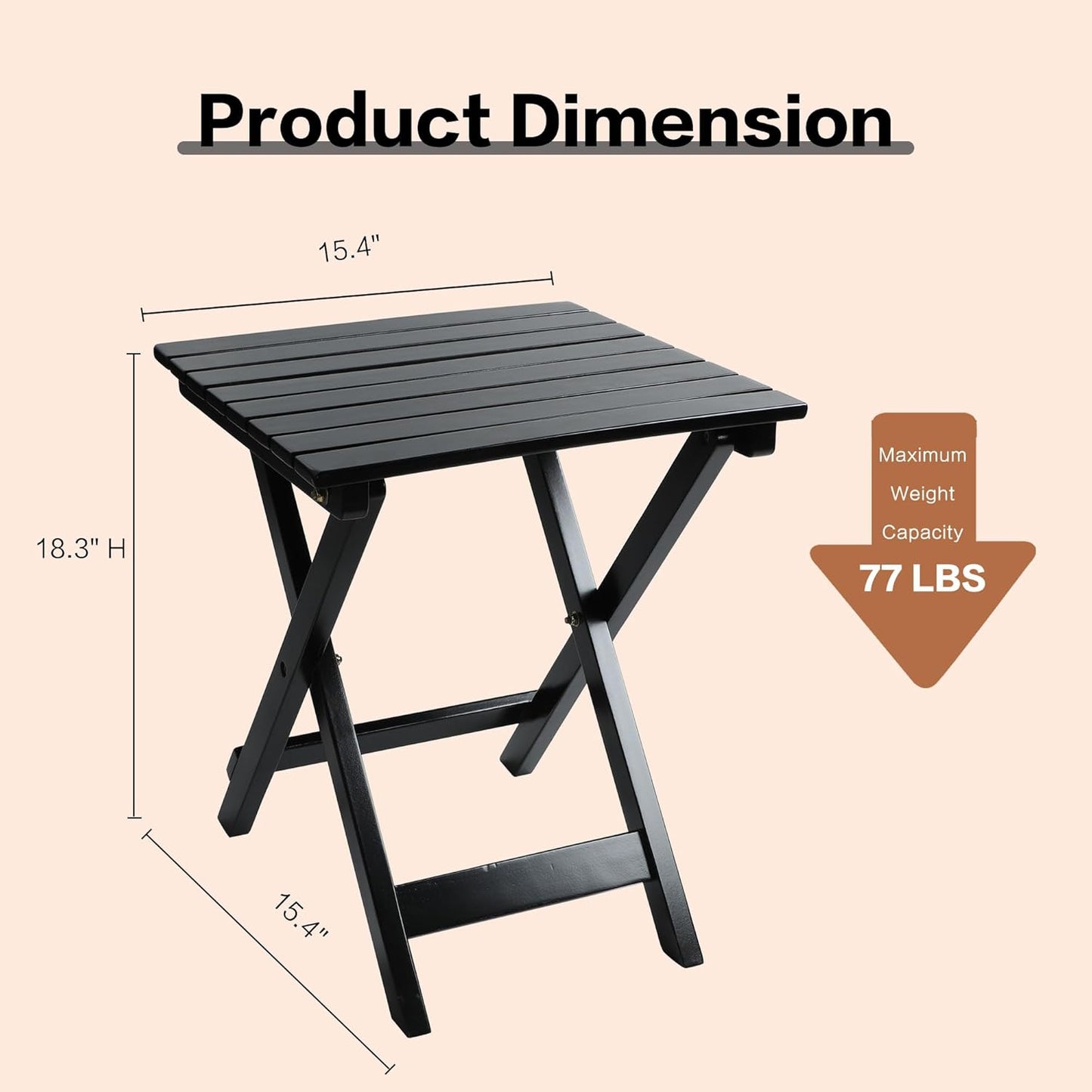 Outdoor Patio Side Table Set of 2 Small Wood End Square Table Folding Coffee Furniture for Living Room, Bedroom, Plant Stand, Camping Portable Black