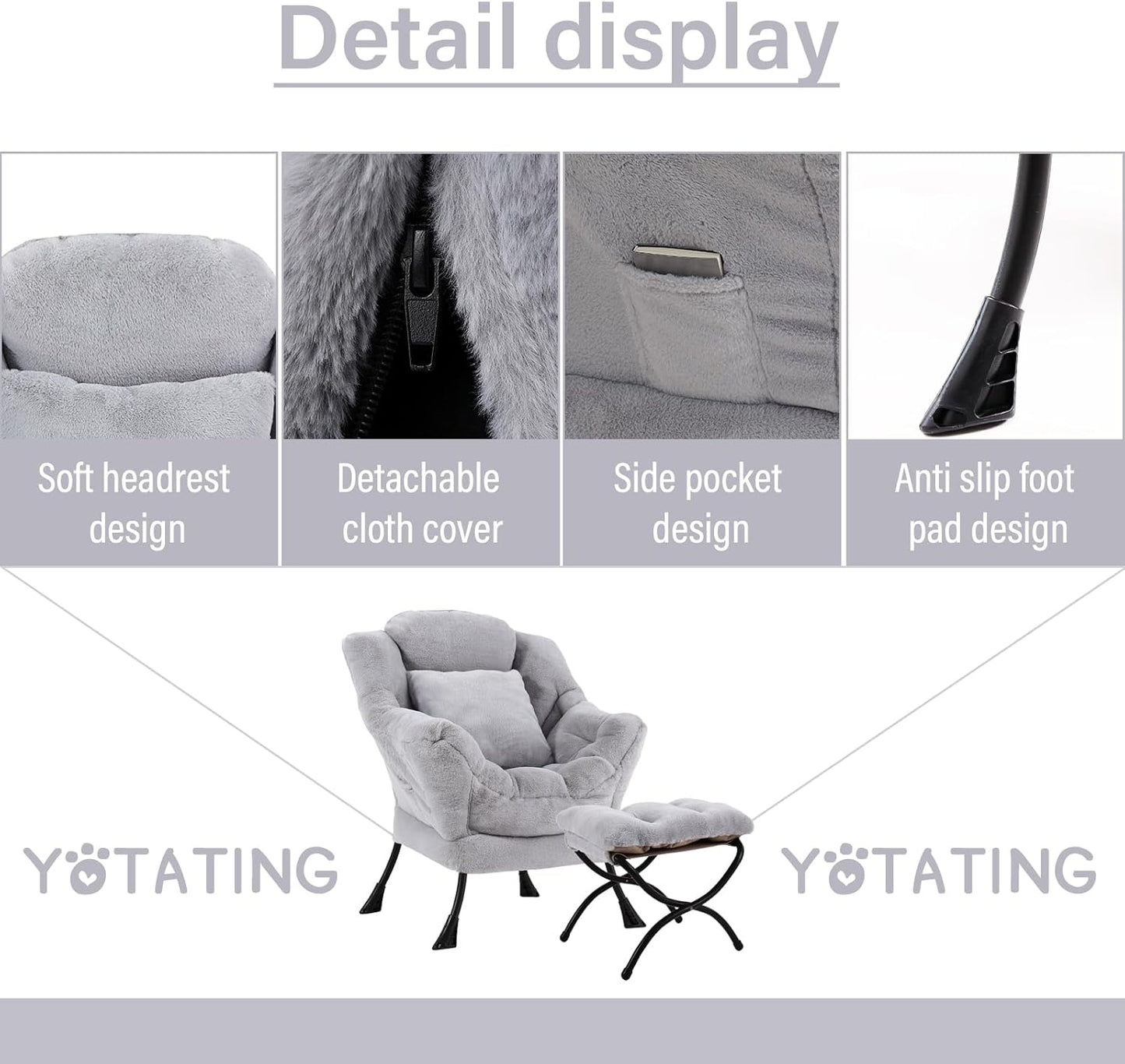 Lazy Chair with Ottoman, Comfy Reading Lounge Chair with Footstool & Throw Pillow Modern with Armrests & Side Pocket for Living Room, Bedroom, Dorm Room, Plush Grey