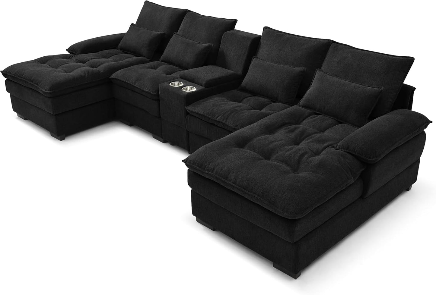 KEIKI 130" U-Shaped 6 seat Sofa with Storage Console, Cup Holders, Upholstered Sectional Sofa, Button Tufted Cloud Cushion Couch for Home, Office, Apartment, Black