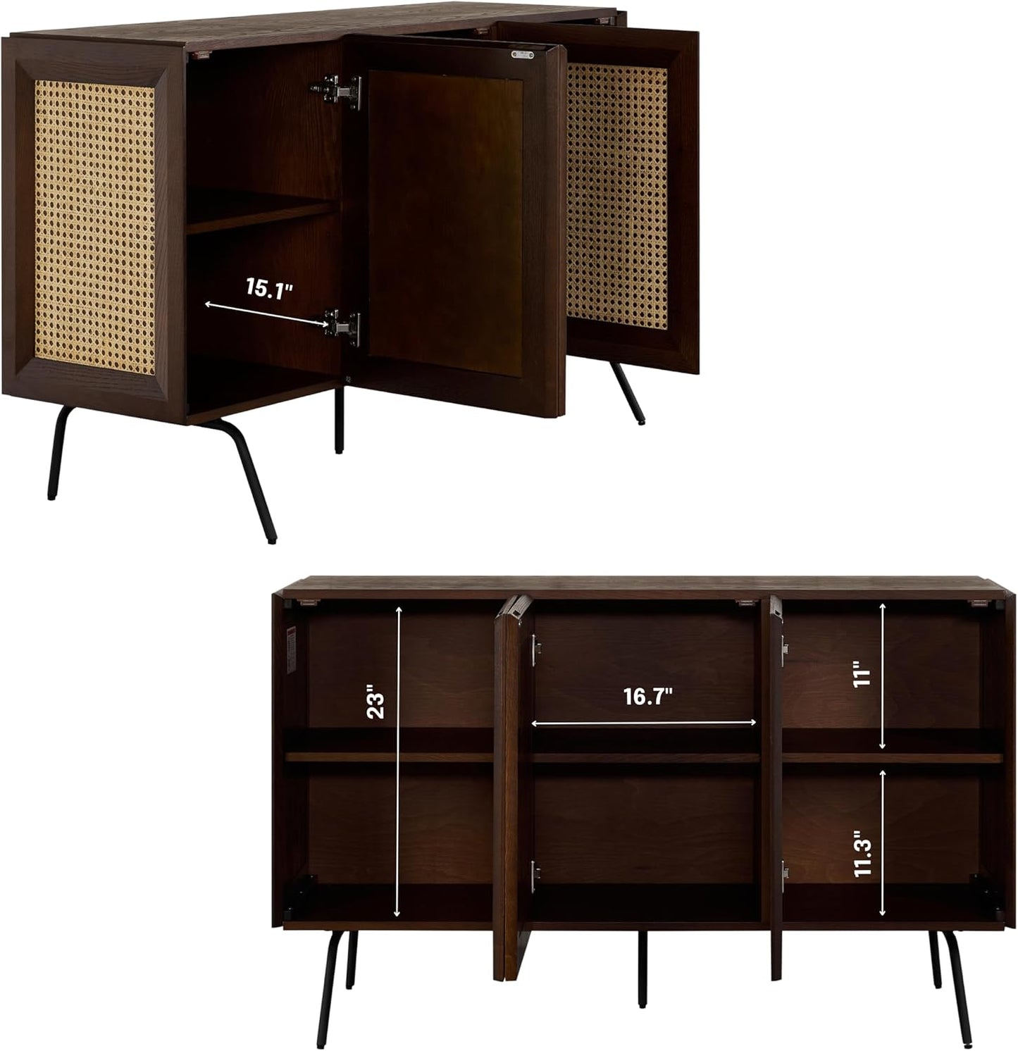 NTC MOSSIC Modern Sideboard with 3 Doors, Natural Rattan Storage Cabinet, Buffet with Metal Legs, Boho Accent Cabinet for Living Room, and Entryway, Effortless Assembly - Dark Walnut