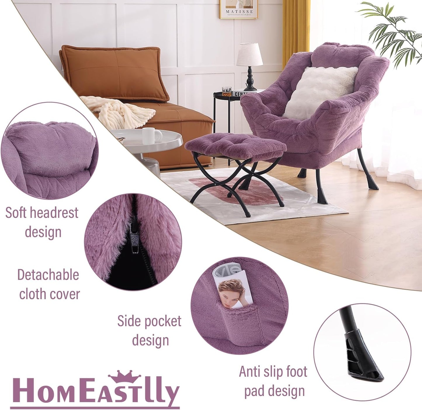 Lazy Chair with Ottoman, Modern Large Accent Lounge Chair with a Pillow, Leisure Sofa Armchair with Ottoman, Reading Chair with Footrest for Bedroom, Living Room, Dorm Rooms,Plush Purple