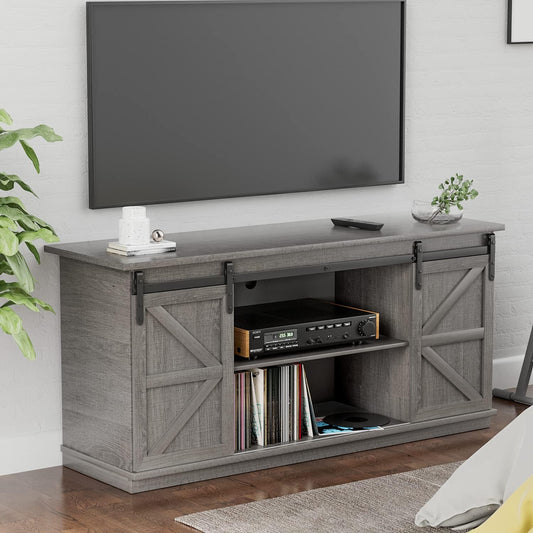 YESHOMY TV Stand for Televisions up to 65 Inches, with Sliding Barn Doors and Storage Cabinets, Console Table and Media Furniture for Living Room, 58 Inch, Gray