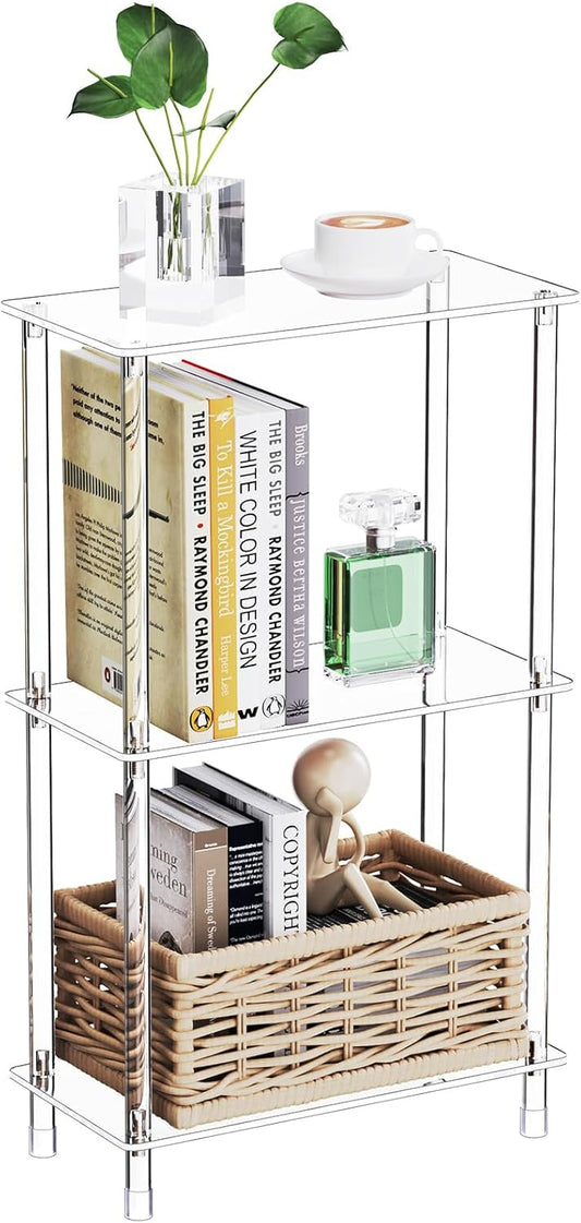 Clear Acrylic Narrow Side Table for Small Spaces, 15.75" L x 7.87" W x 26.7" H, 3 Tier Rectangle Slim End Table Nightstand, Small Mini Skinny Bedside Table for Bedroom, Bathroom, Living Room