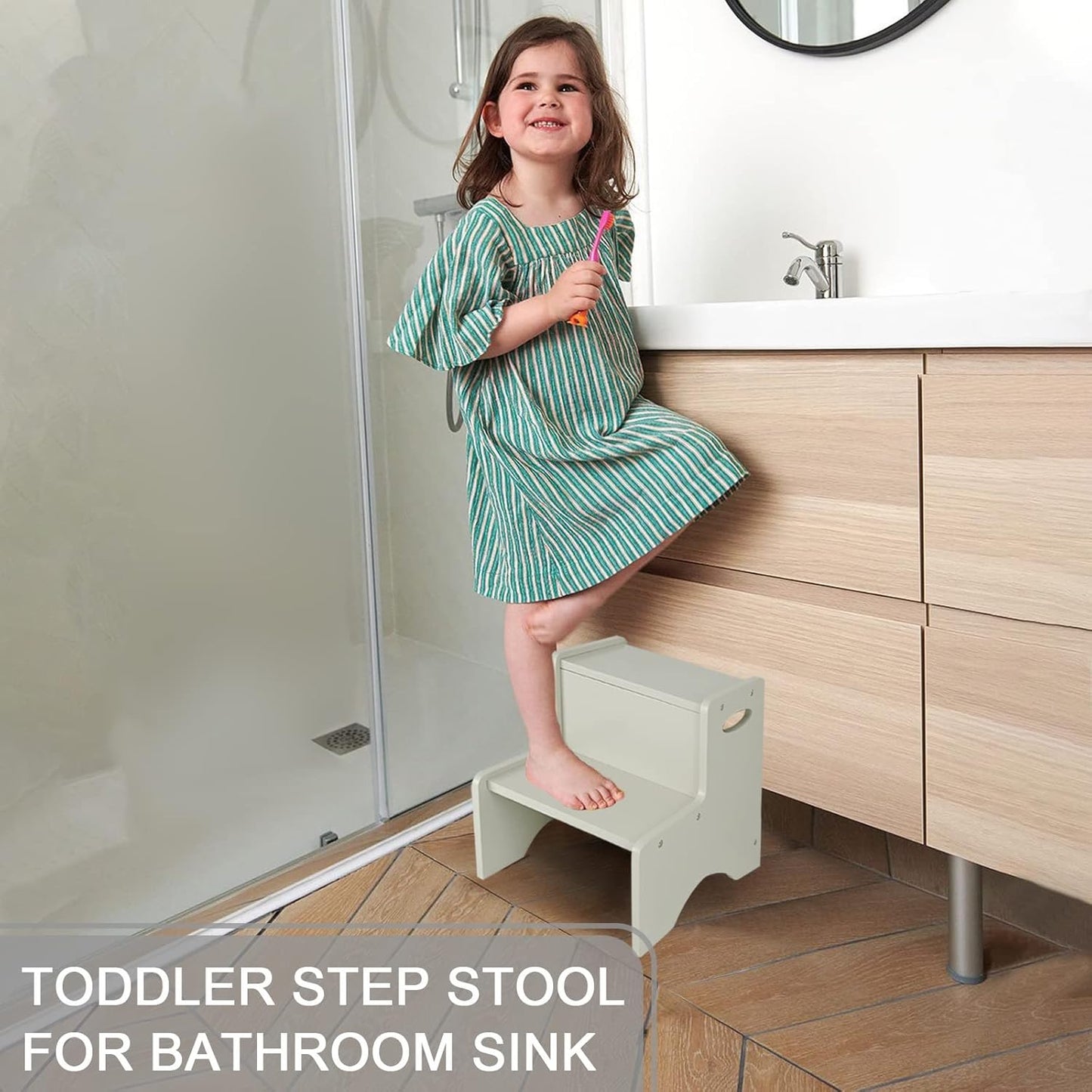WOOD CITY Wooden Toddler Step Stool for Kids, Grey Two Step Children's Stool with Handles, Bonus Non-Slip Pads for Safety, Bathroom Potty Stool & Kitchen Step Stools Dual Height…