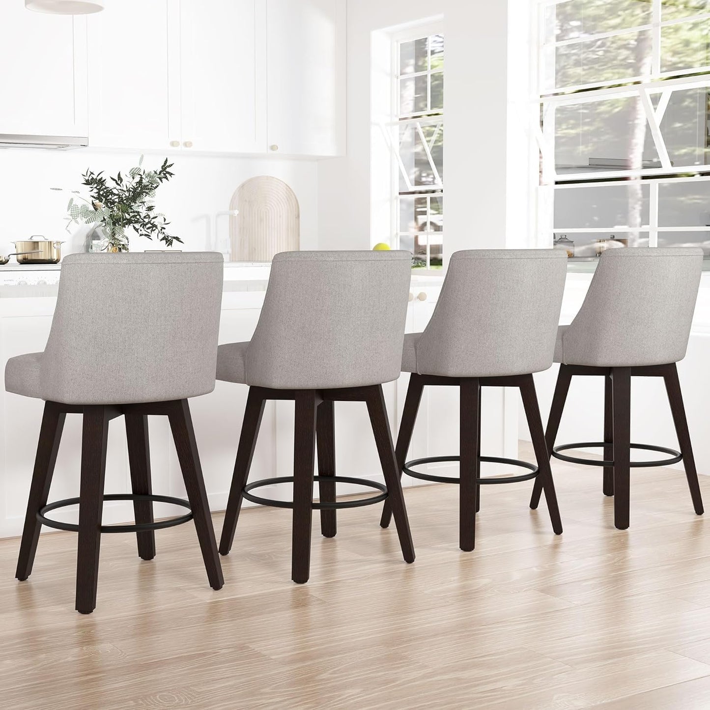 Counter Height Bar Stools Set of 2, 360°Swivel Upholstered Barstools with Back and Solid Wood Legs, 26" H Seat Height, Fabric in Fog Grey