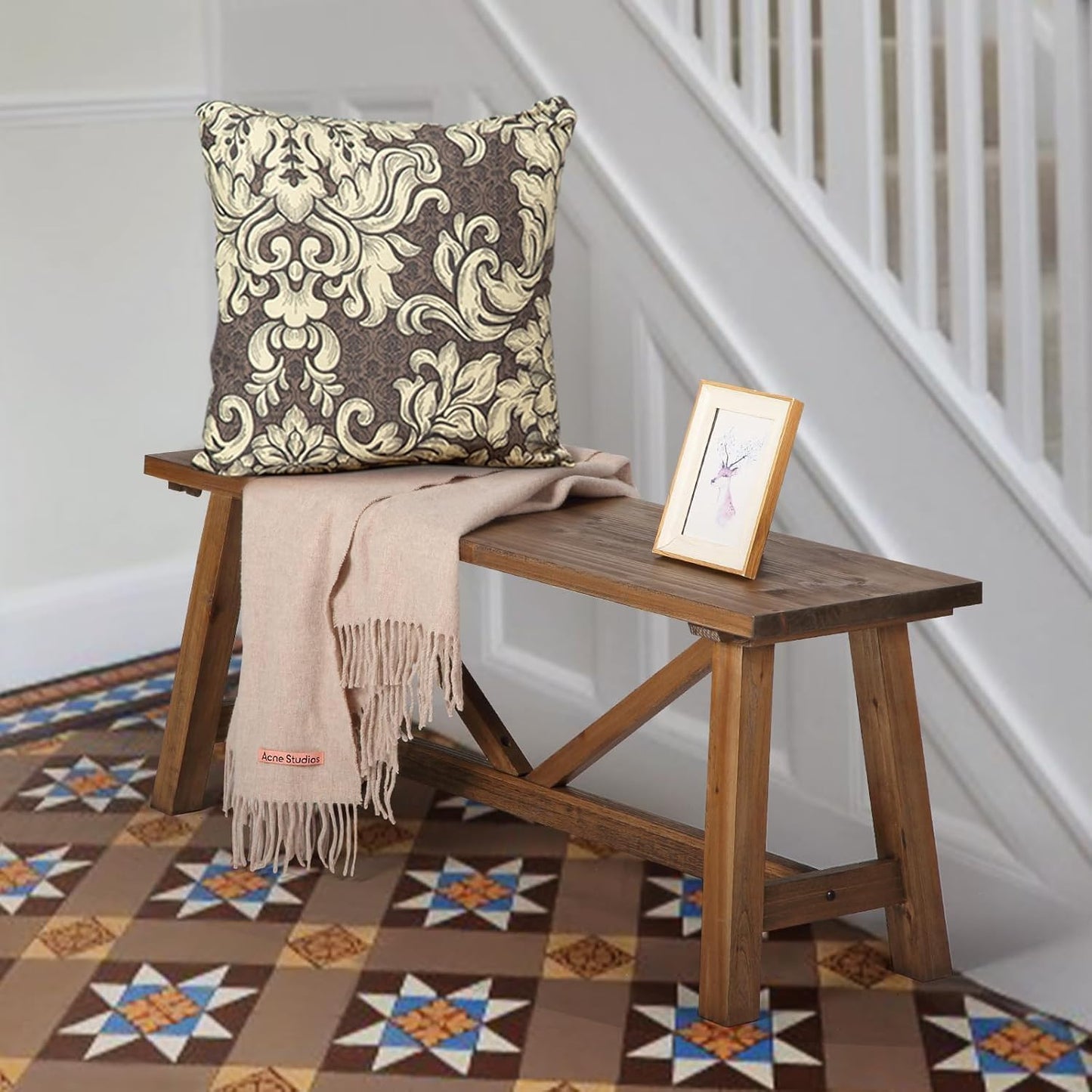 Wnutrees 43" Farmhouse Wood Bench, Narrow Bench, Long Bench Seat for Entryway, Living Room, Dining Room, Solid Wood, Natural