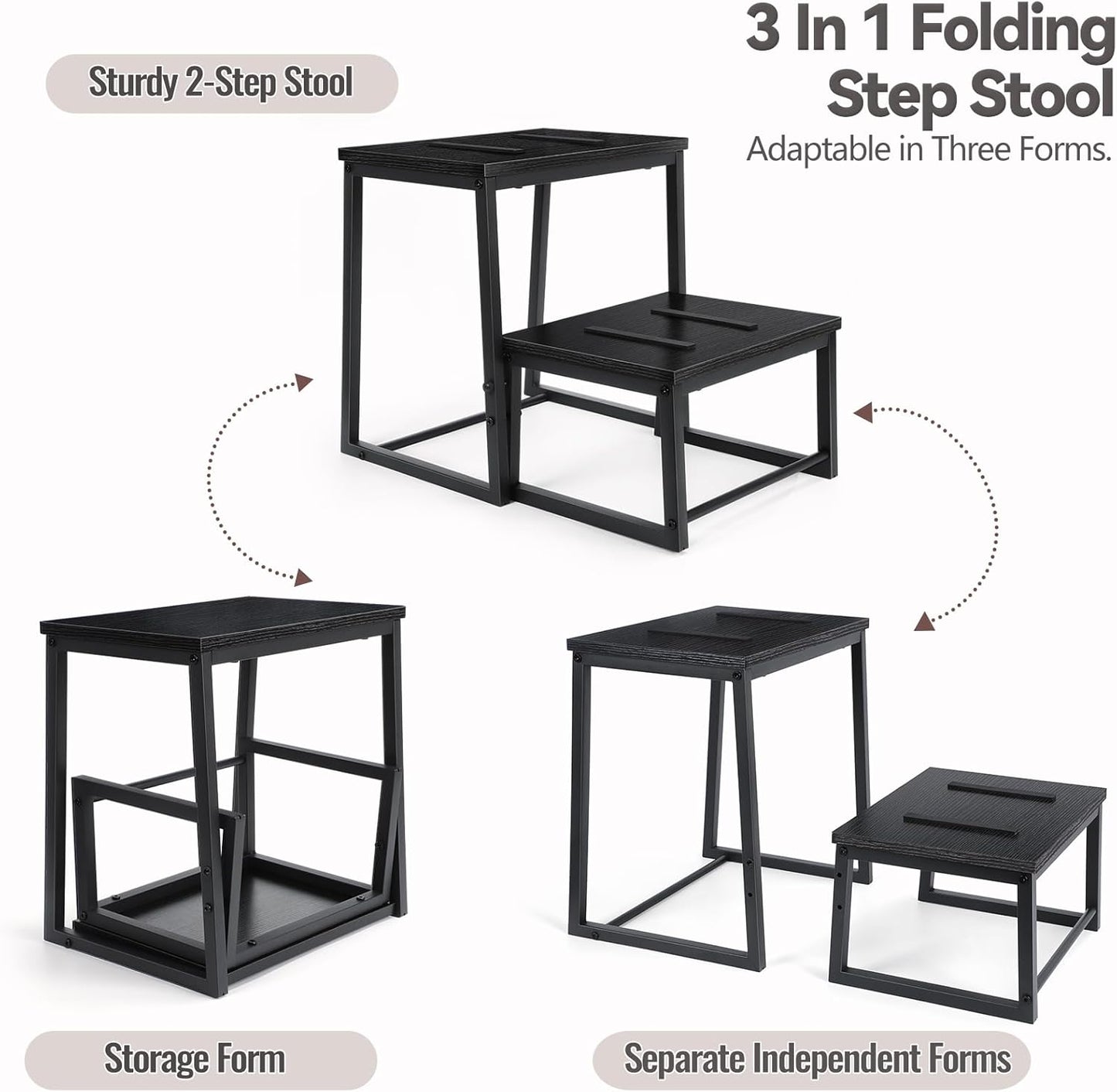 Vrisa Step Stool for Adults Wooden 2 Steps Footstool Heavy Duty RV Bedside Stepping Stool for High Beds with Metal Frame Hold Up 500LB Foot Stool for Kitchen Bathroom Bedroom, Black