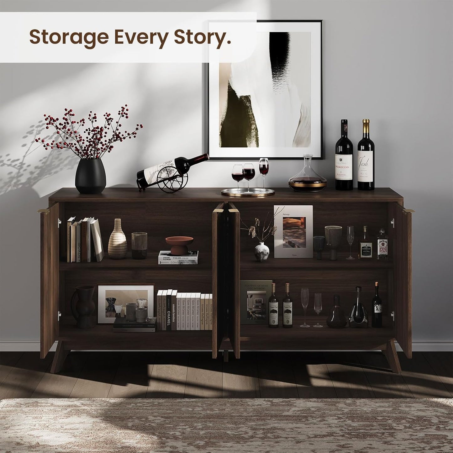 Buffet Cabinet with Storage, Fluted Multifunctional Storage Cabinet with 4 Doors, Sideboard Cabinet with Doors Modern Buffet Table Accent Coffee Bar Console Table,fluted buffet cabinet