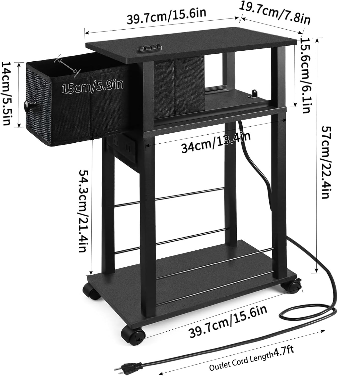 Side Table Set of 2,Side Table with Charging Station and Drawer, Narrow End Table with USB Ports and Outlets for Small Space, Living Room, Bedroom and Office, with 4 Wheels