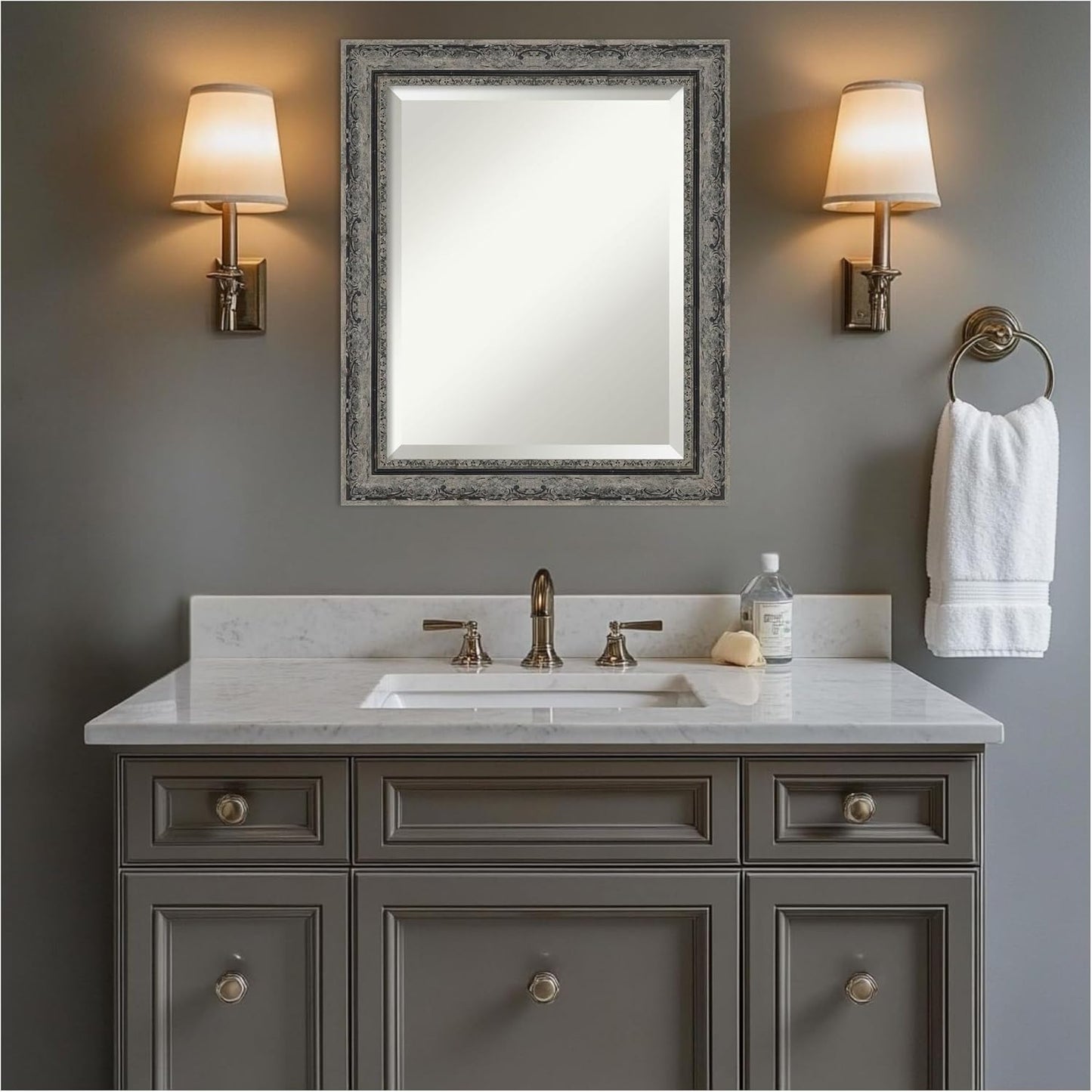 Amanti Art Bathroom Mirror for Over Sink, 25x21 Filigree Matte Black Rectangle Vanity Mirror, Small Traditional Frame, Hangs Horizonally and Vertically, Bathroom Wall Decor, Beveled Edge