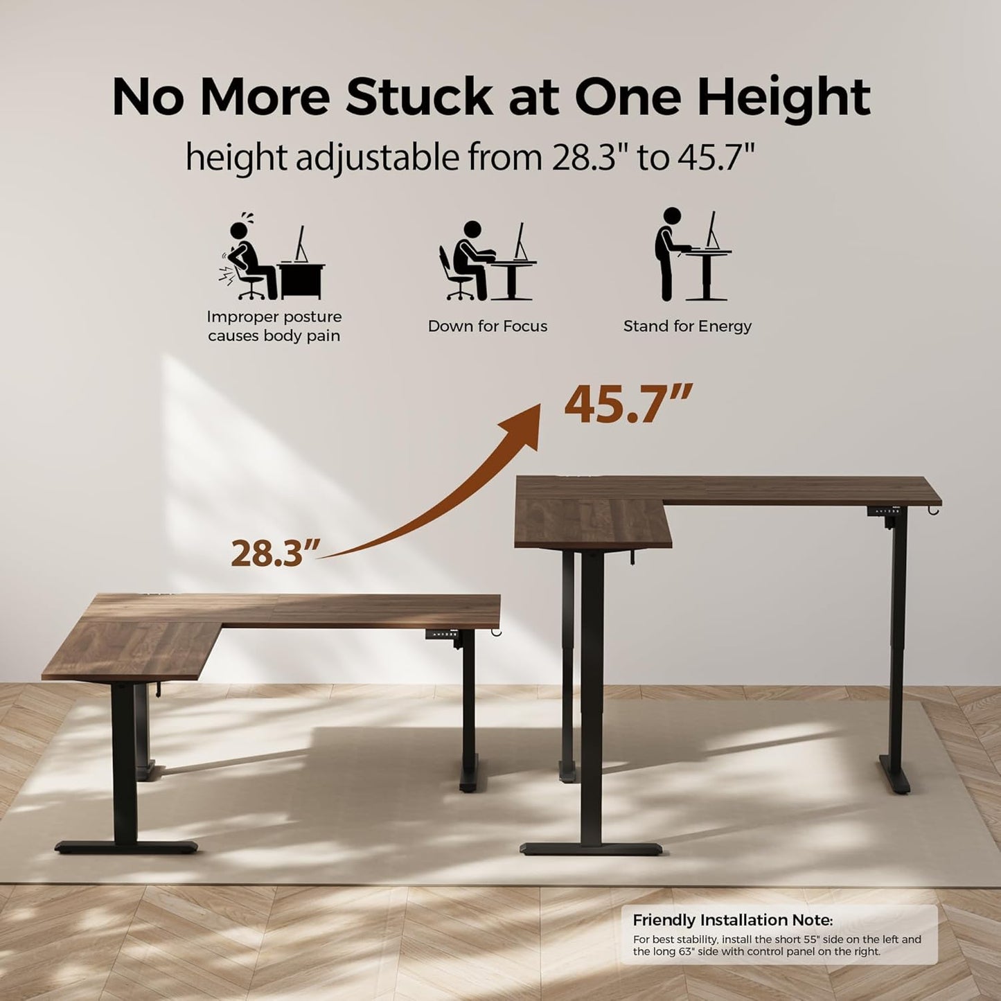 Agilestic 75 Inch L Shaped Standing Desk Adjustable Height, Corner Standing Desk, Sit Stand Up Computer Table, Splice Board, Dark Walnut
