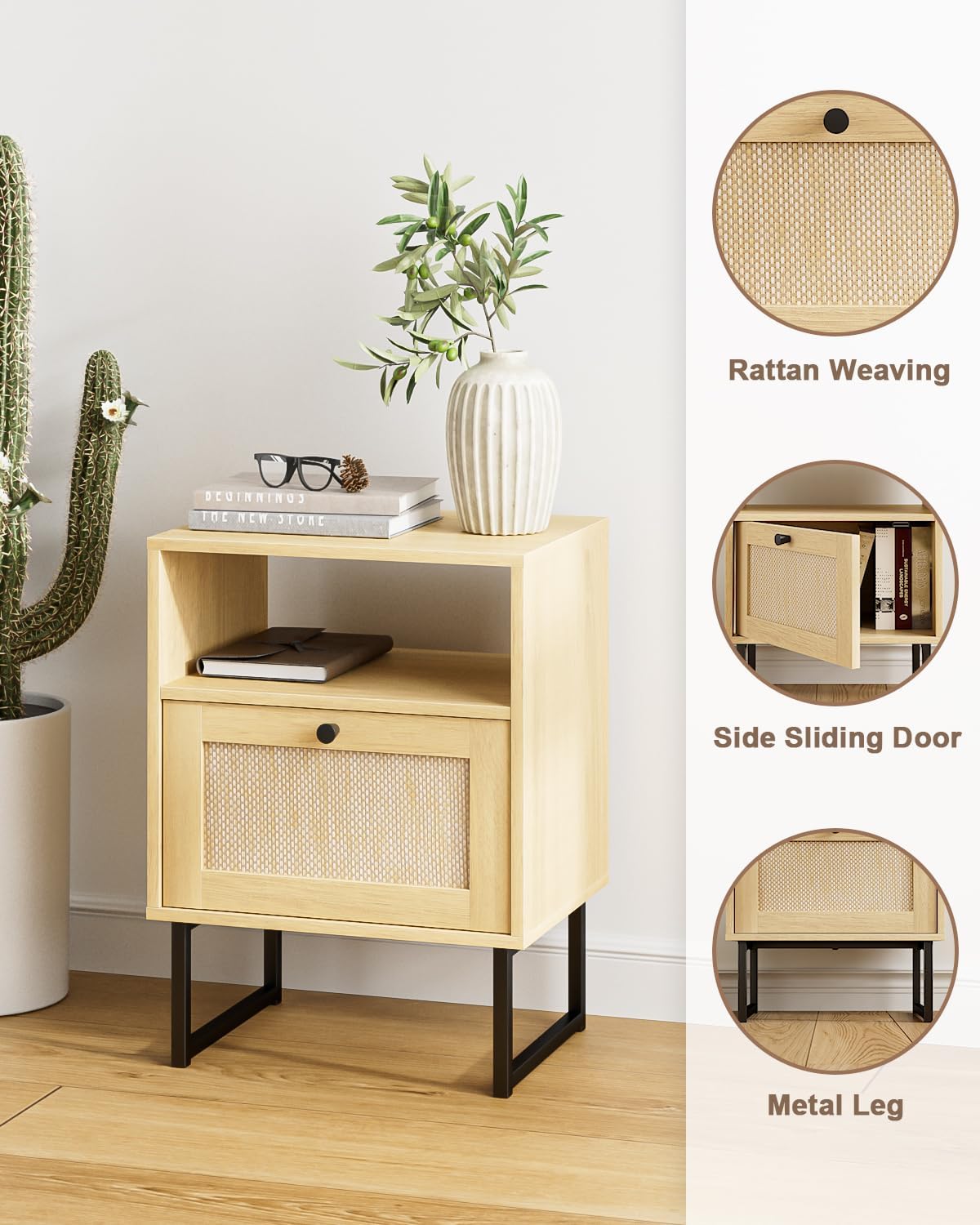 Masupu Rattan Nightstand,Modern Boho Farmhouse Wood Bedside Table with Storage Drawer and Open Shelf,Small Black Frame Side End Table for Bedroom,Living Room,Office (Natural)
