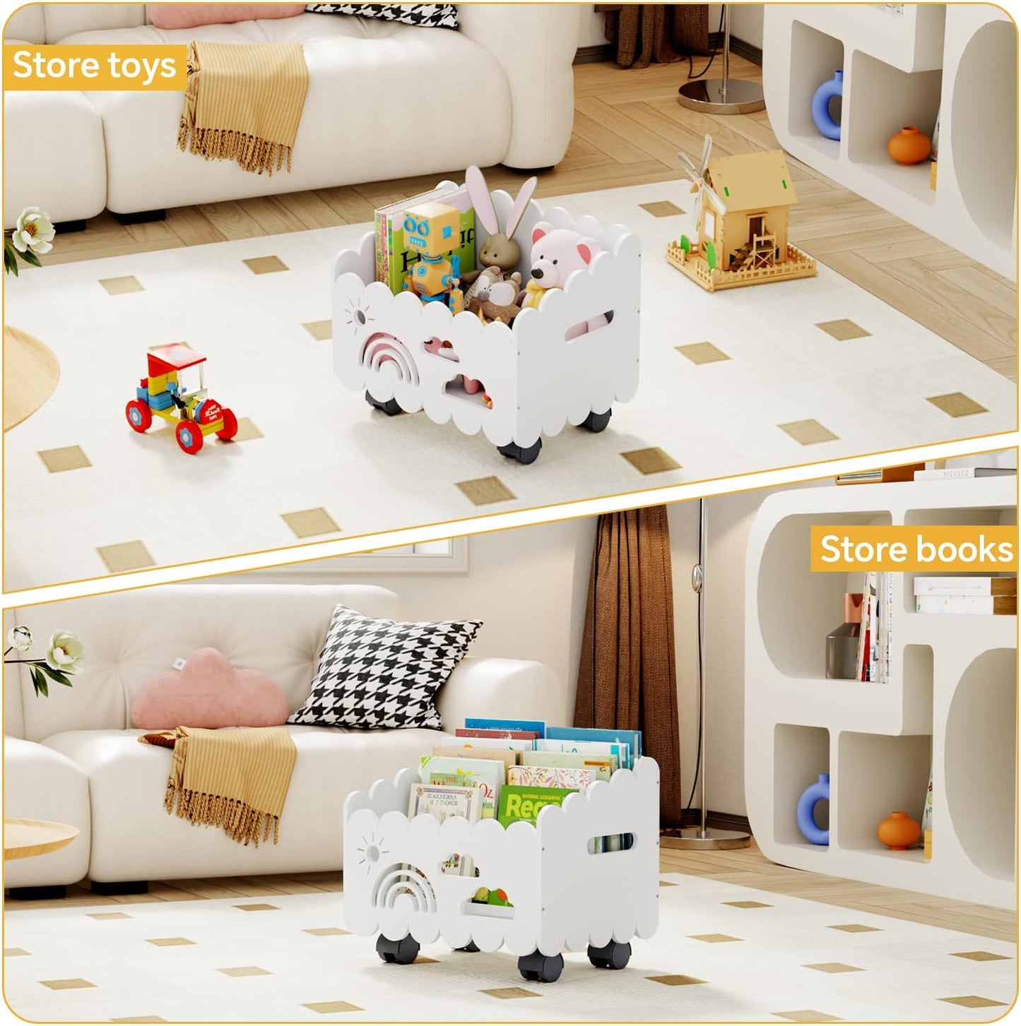 Wood Kids Bookshelf, Montessori Bookshelf, With 2 Adjustable Dividers, 4 Wheels Suitable Kids Rooms, Nursery & Classroom, Book Shelf For Kids Rooms, Toddler Book Rack, Nursery Book Shelves White