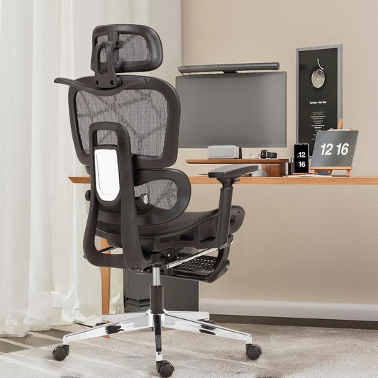 Ergonomic Mesh Office & Gaming Chair with Footrest, High Back Home Office Desk Chair, Comfortable Lumbar Support, 130° Tilt, Adjustable 3D Armrest & 2D Headrest (Black)