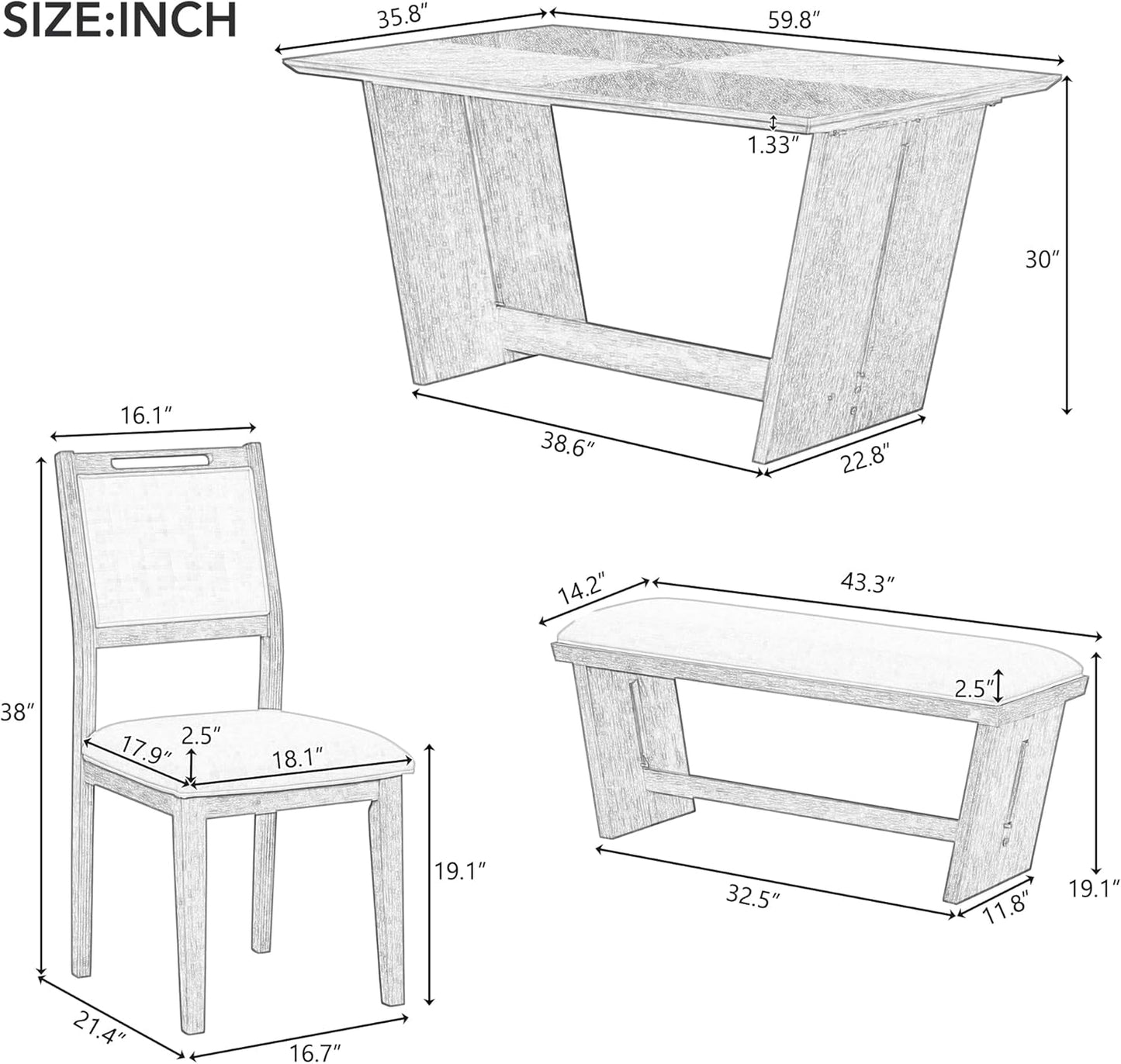 Merax 6-Piece Retro Dining Set, 1 Rectangular Table with Stable Trapezoidal Table Base and 4 Upholstered Chairs and 1 Bench for Dining Room and Kitchen, Natural Wood Wash