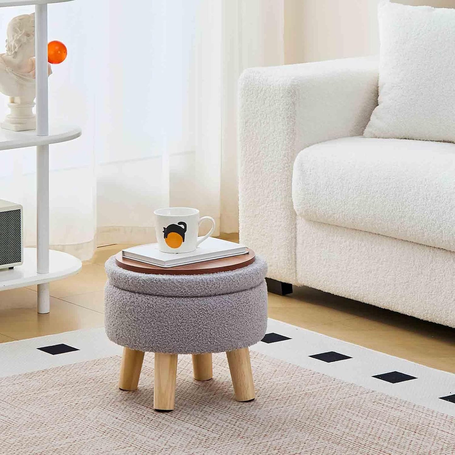 Wimarsbon Storage Ottoman, Modern Round Footrest with Soft Padded Seat, Teddy Velvet Footstool with Wood Legs, Accent Small Table or Plant Stand for Hallway, Living Room (Grey)