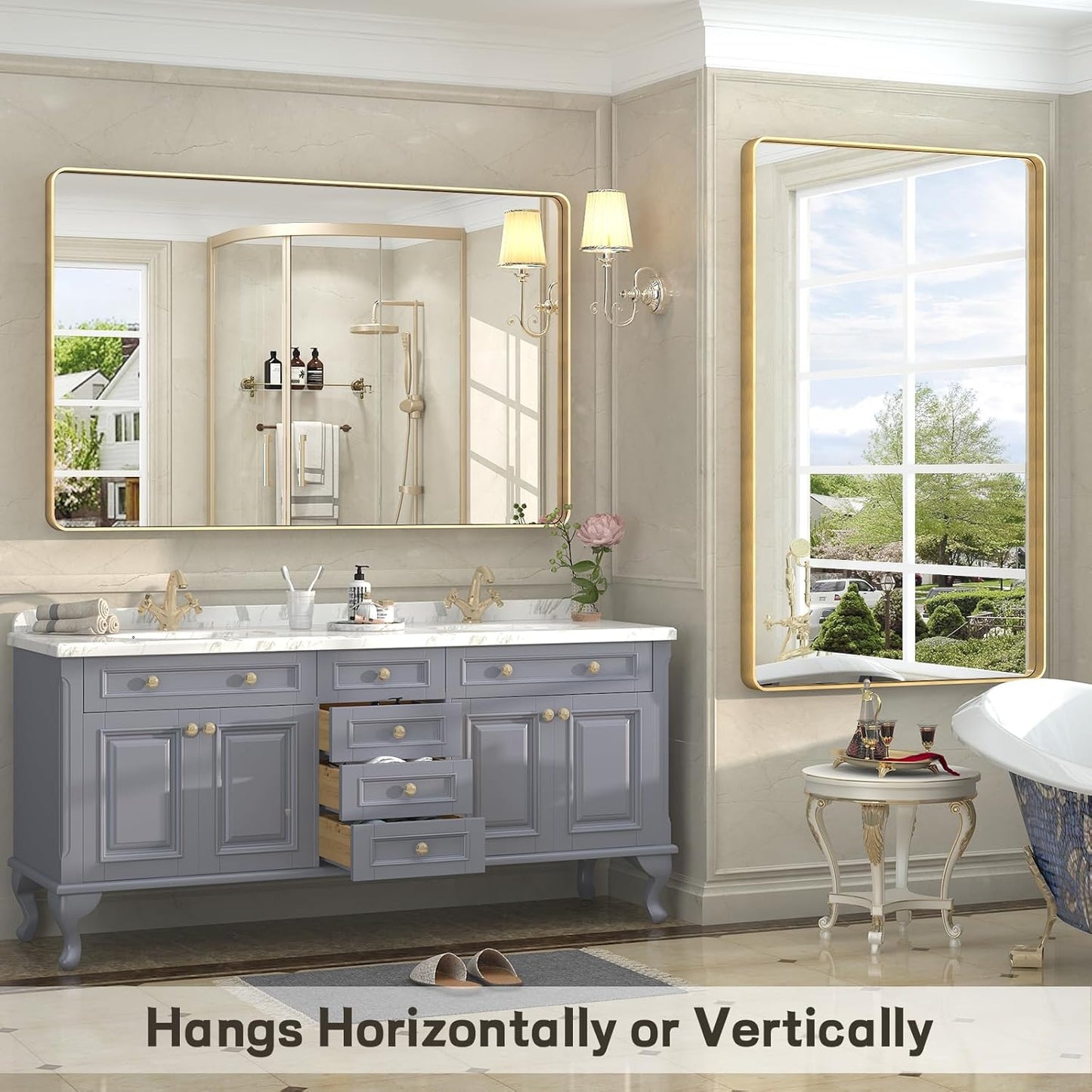 60x36 Inch Gold Framed Bathroom Mirror, Rectangle Brushed Gold Metal Vanity Mirror, Gold Rectangle Mirror for Wall, Rounded Corner, Tempered Glass, Anti-Rust, Shatterproof (Horizontal/Vertical)