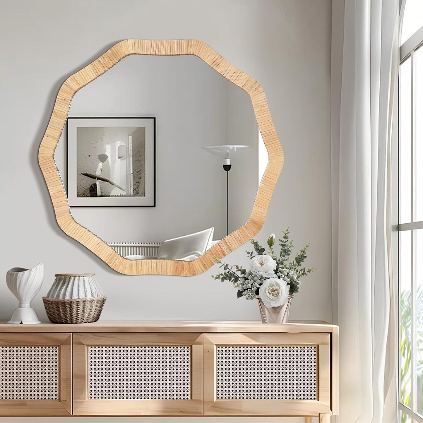 ULIKE Rattan Mirror for Wall, Bathroom 24 Inch Rustic Farmhouse Wall Decor with Handmade Wicker Frame, Boho Woven Mirror for Nursery Bedroom Living Room Entryway