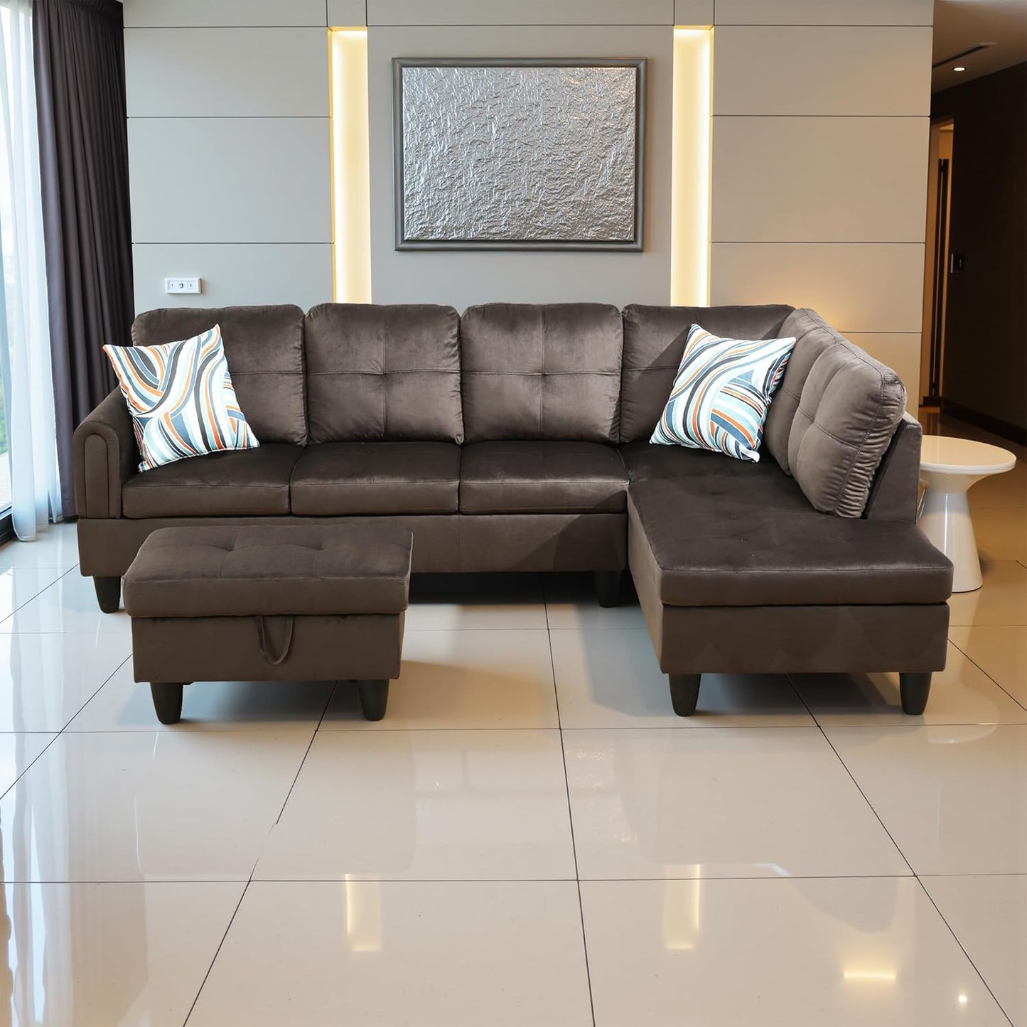 Couches for Living Room Modern L Shaped Couch Comfy Flannel Fabric 3 Pieces Sectional Sofa with Chaise, Ottoman with Storage for Office and Small Apartment, Dark Brown