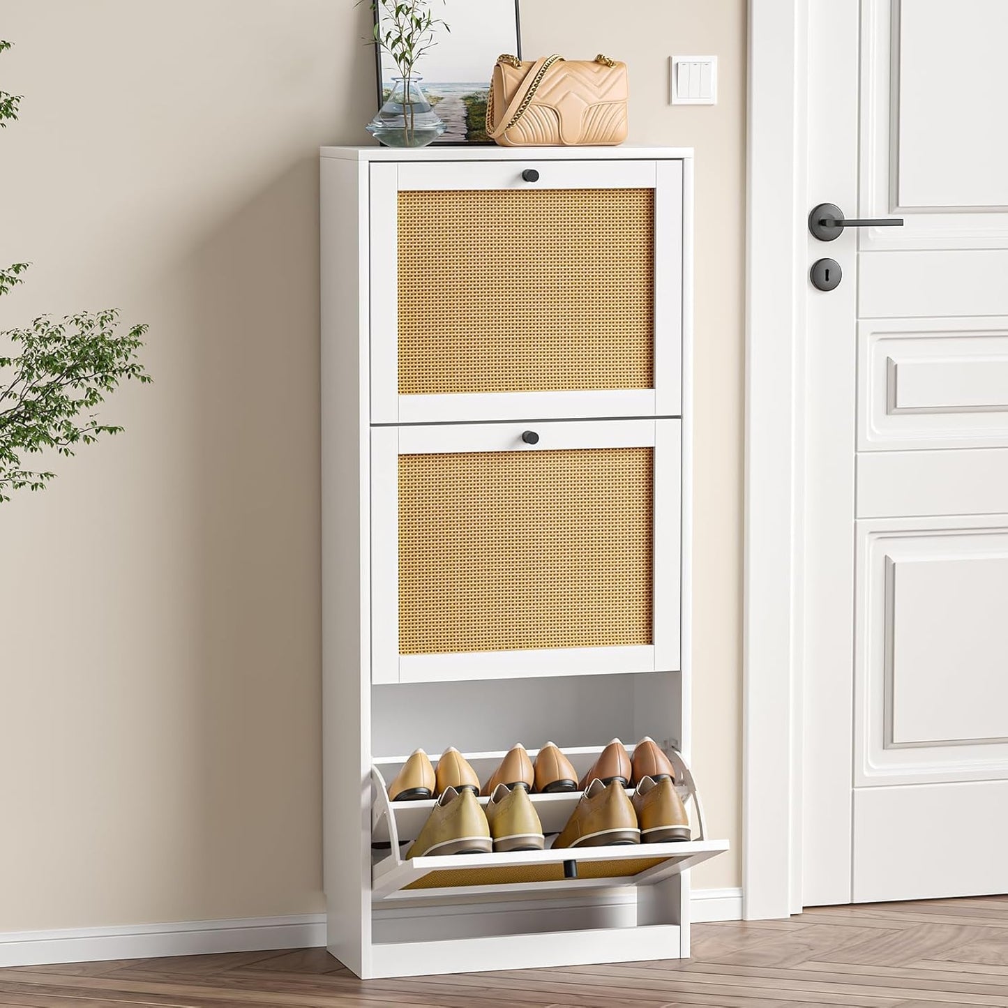 Rattan Shoe Cabinet with 3 Flip Drawers,Narrow Shoe Rack Cabinet with Adjustable Shelves,3 Tier Shoe Storage Organizer for Hallway,Entrance,White
