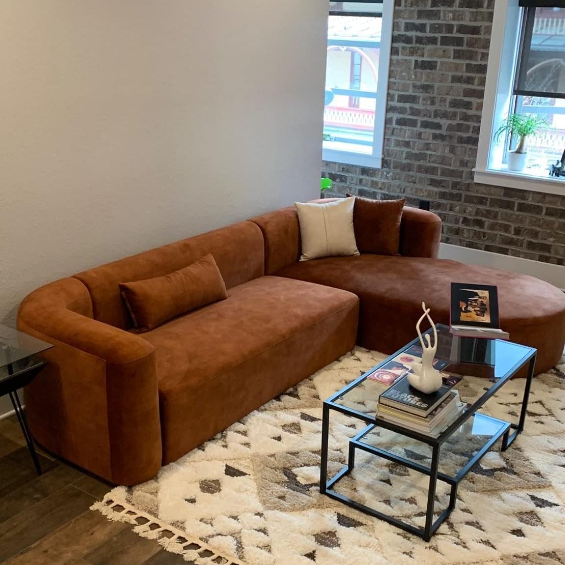 Acanva Luxury Modern Tight Curved Back Velvet Sofa, Minimalist Style Comfy Couch for Living Room Apartment, L-Shape Right Chaise, Tangerine