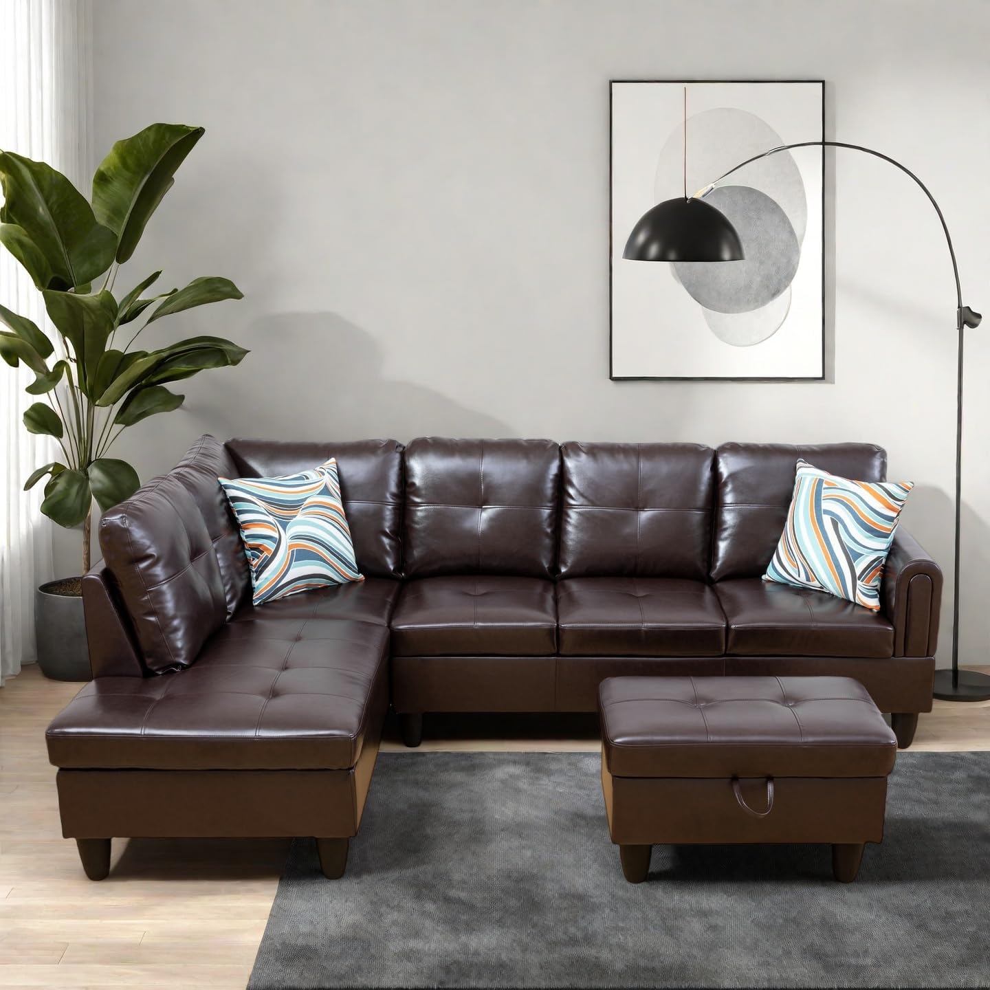 Modern Living Room Furniture Sets with Pillows, Modular Sectional Couches with Chaise Lounge, 4-Seaters L Shape Sofa with Storage Ottoman, for Living Room, Faux Leather, Brown