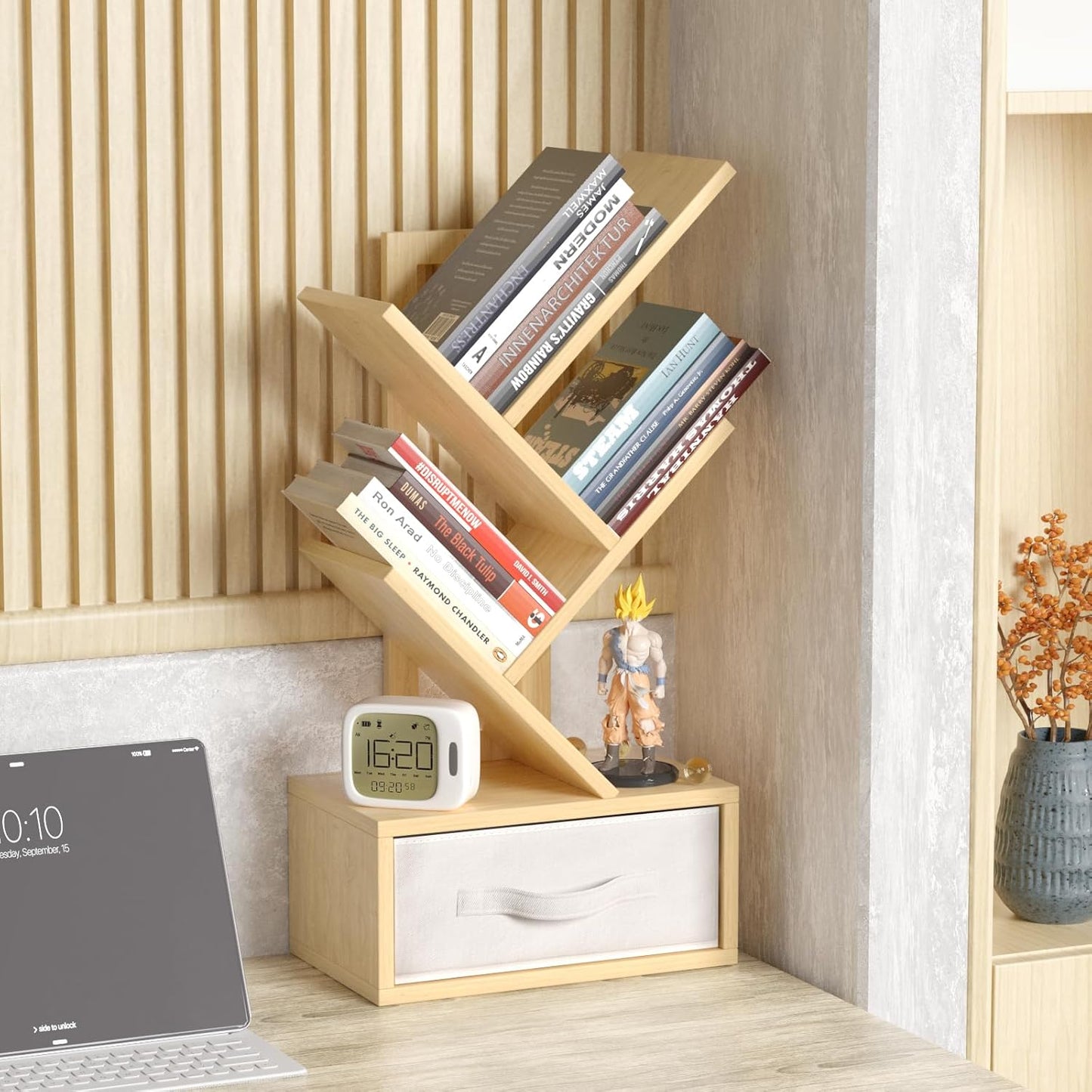 Small Book Shelf with Drawer,4 Tier Black Tree Bookshelf,Wooden Desktop Bookcase,Modern Desk Display Storage Bookshelves,Floor Standing Organizer Bookcases for Living Room,Bedroom,Office