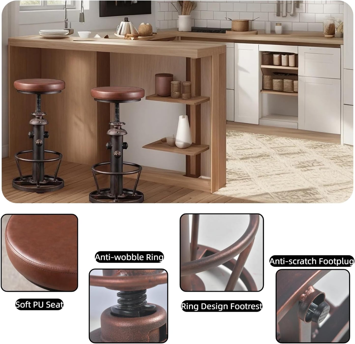 Vintage Swivel Bar Stools Industrial Leather Seat Bar Stool Fire Hydrant Design Kitchen Dinning Chair 24-30inch Height Adjustable with Footrest