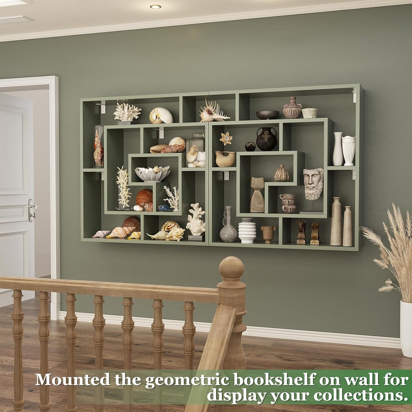 Armocity 6 Tier Display Book Shelf Wall Mounted Bookshelf Freestanding Geometric Bookcase Floating Book Shelves for Wall Bedroom Living Room Home Office, 45.5"(W) * 47"(H), Crab Green