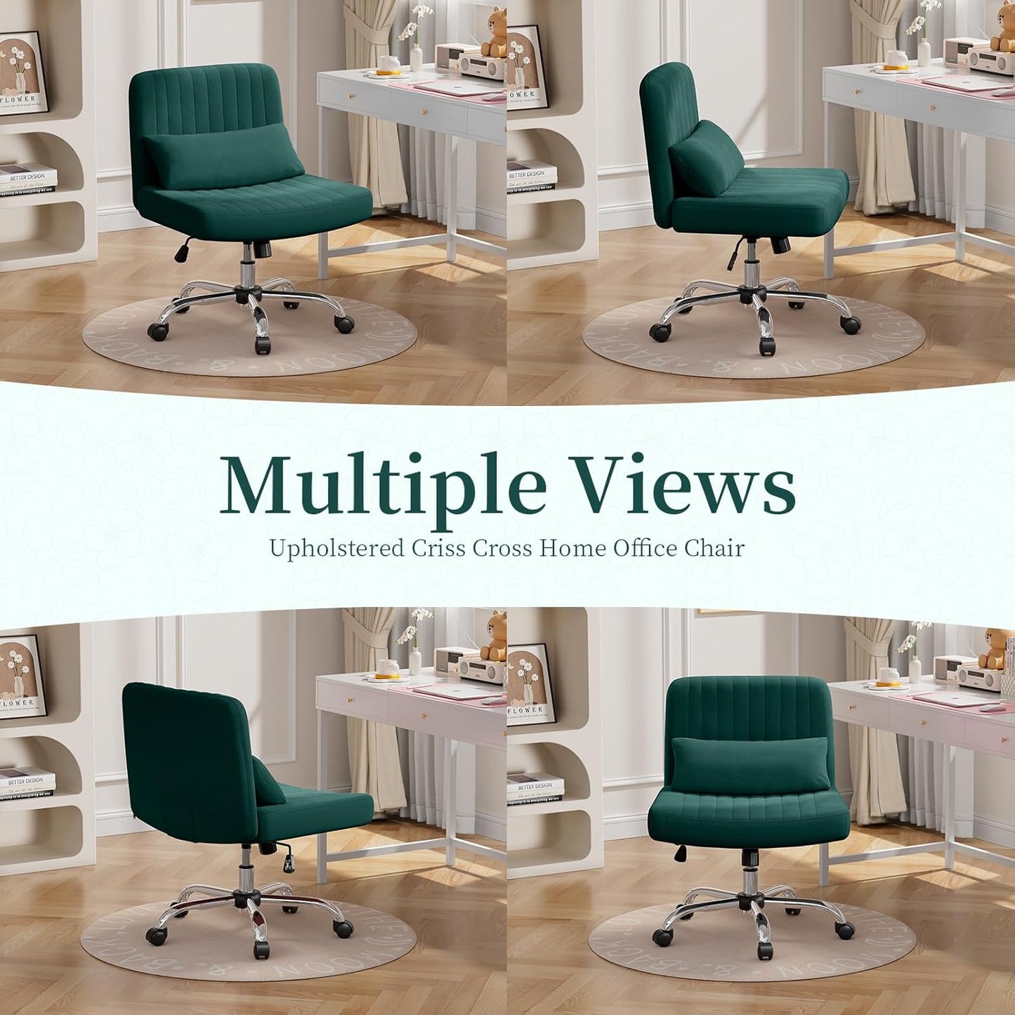 Warmiehomy Criss Cross Office Chair with Wheels, Velvet Cross-Legged Desk Chairs for Home, Armless Height Adjustable Swivel Wide Seat Computer Chair, Morden Vanity Chair for Women, Dark Green