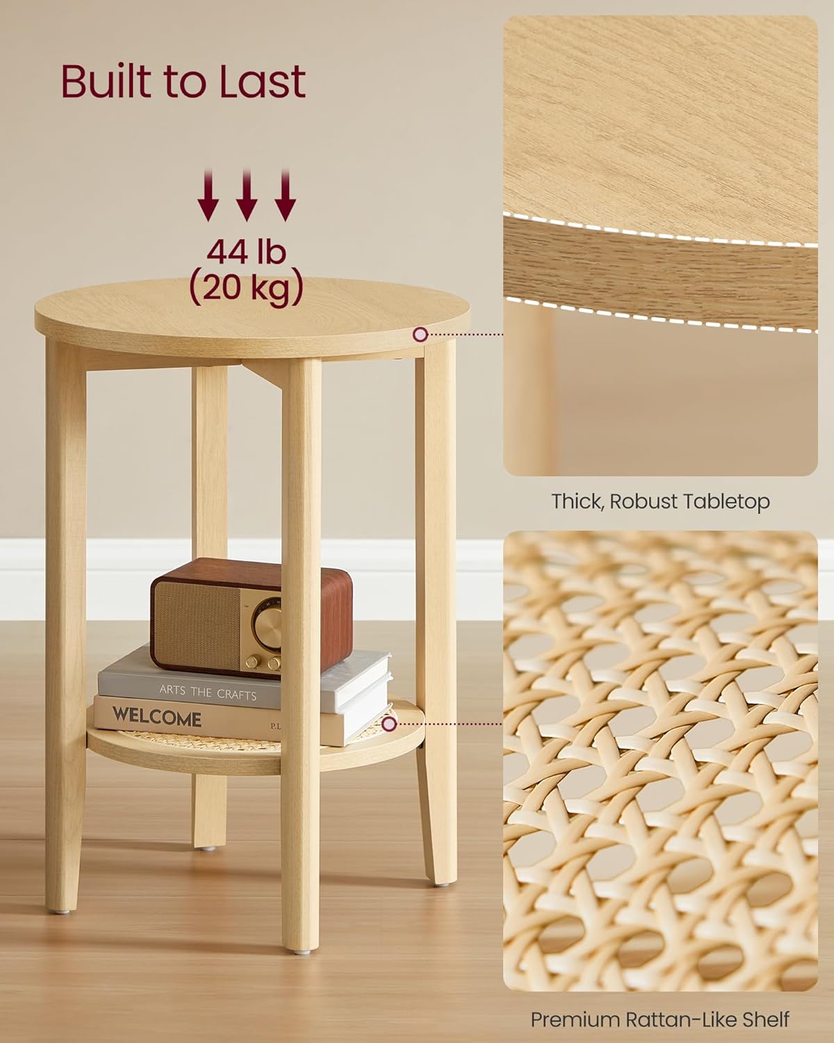 VASAGLE Round Side End Table, 2-Tier Boho Bedside Table with Rattan-Look Storage Shelf, Nightstand for Small Spaces, for Living Room, Bedroom, Home Office, Oak Beige ULET296Y01