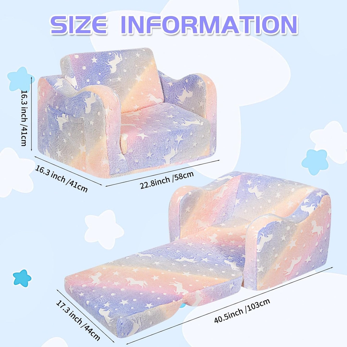 Kids Couch for Toddlers, 2-in-1 Kids Sofa Chair Glow in The Dark, Comfy Soft Foldable Toddler Couch Chair for Girls and Boys