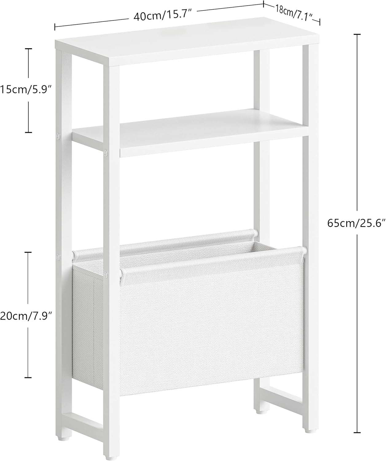 Narrow Side Table, Slim End Table with Magazine Rack, Bedside Table for Small Spaces, 3 Tier Sofa Couch Table Nightstand for Living Room, Bedroom, White LET503W