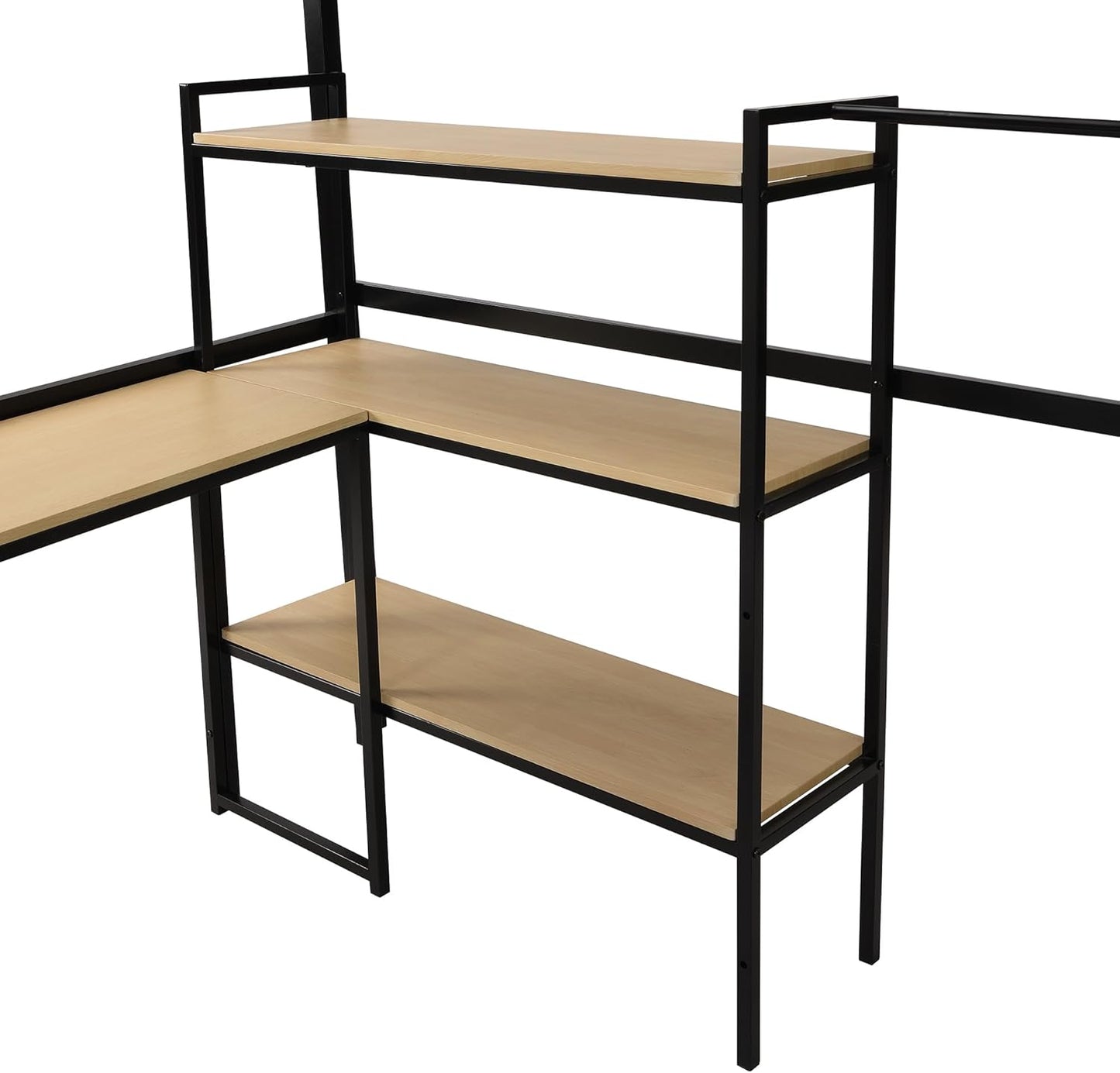 Full Size Metal Loft Bed with Staircase,Full-Length Guardrails,a Built-in Desk and a 3-Tier Shelf,No Box Spring Needed,Noise Free,for Juniors&Adults,Black