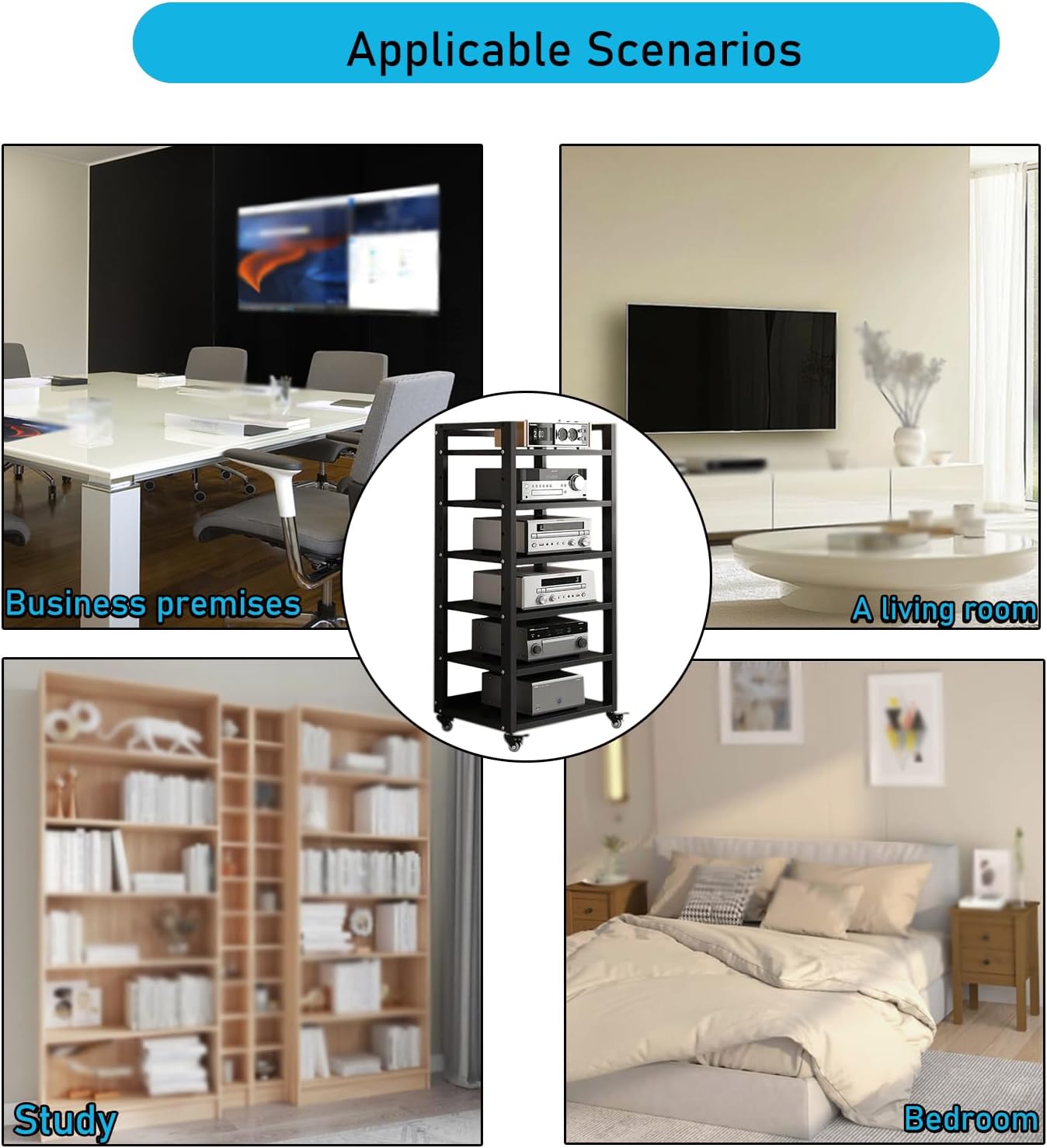 6 Tier Audio Rack Tower, CD Record Player Stereo Receiver AV Equipment Cabinet Display Rack, Weight Capacity 661 lbs, with Adjustable Wooden Shelves for Home (BIACK, 6 Tier 47×19.7×15.7IN)