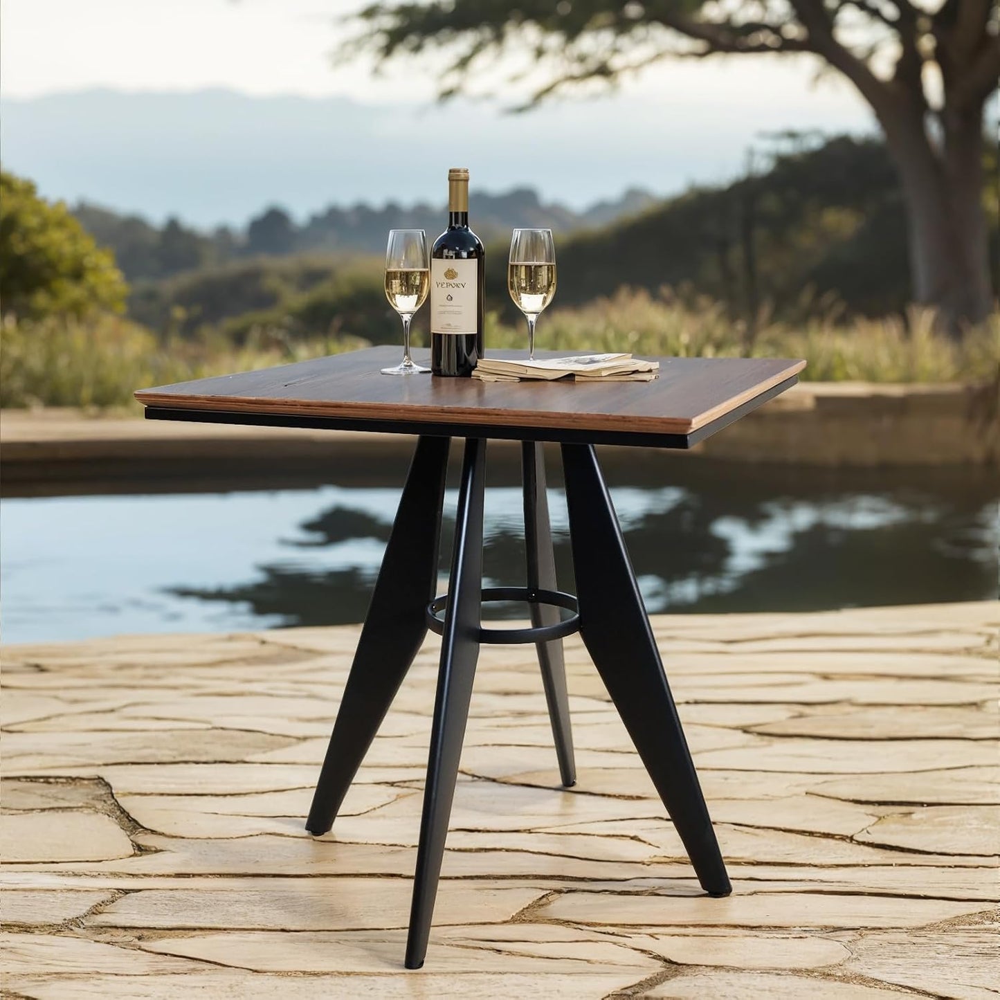 Square Cafe Table - 23.62" Oak Wood Top, Metal Frame, 28.15" High, Modern Industrial Dining Table for Kitchen, Home Office, Bistro, Compact for Space Saving