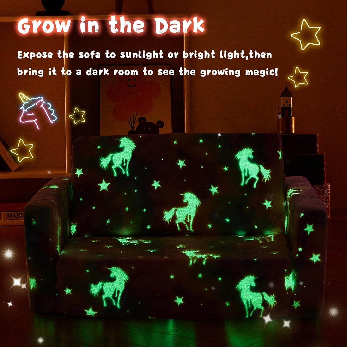 Toddler Chair Comfy,2-in-1 Soft Toddler Couch Fold Out for Kids,Convertible Sofa to Lounger,Gift for Girls and Boys Birthday,Unicorn,Large