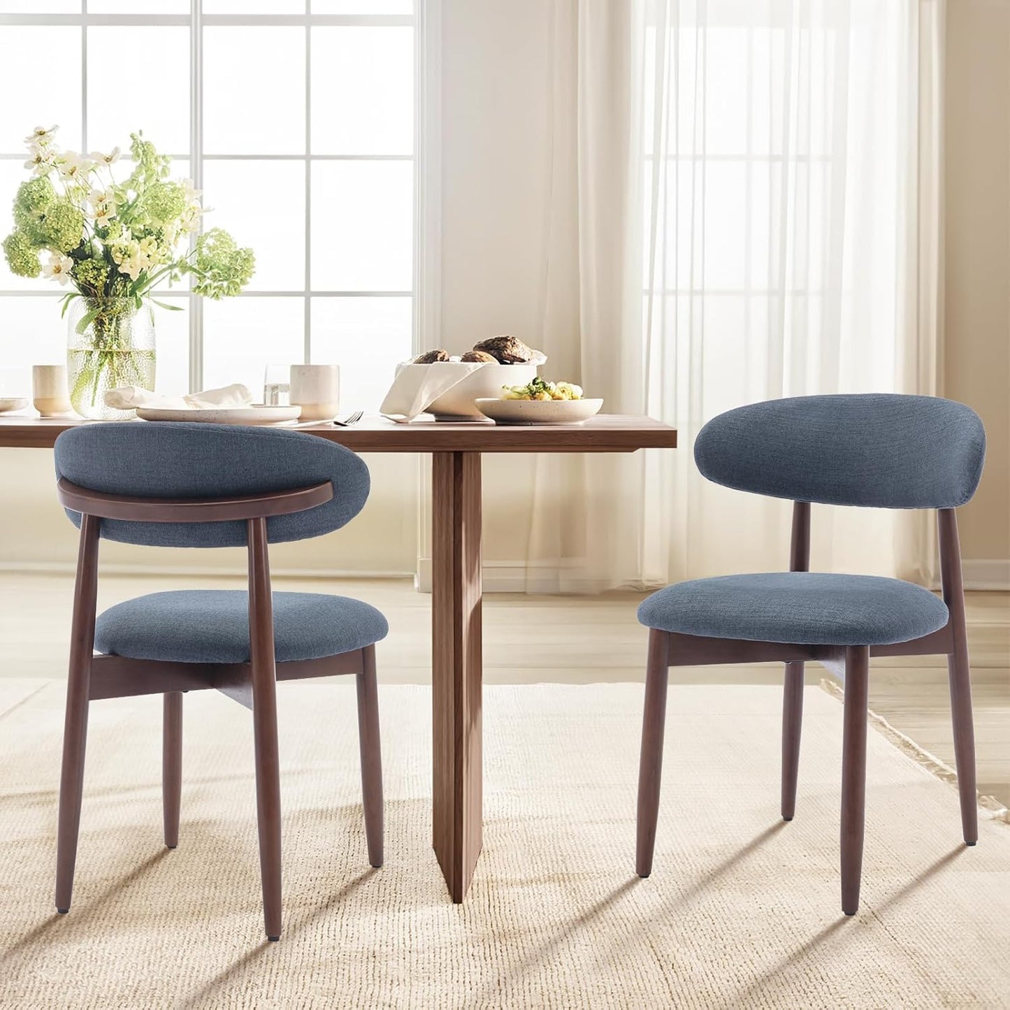 COLAMY Wooden Dining Chairs Set of 2, Modern Fabric Upholstered Dining Room Chair, Farmhouse Kitchen Side Chairs with Foot Pegs, Blue