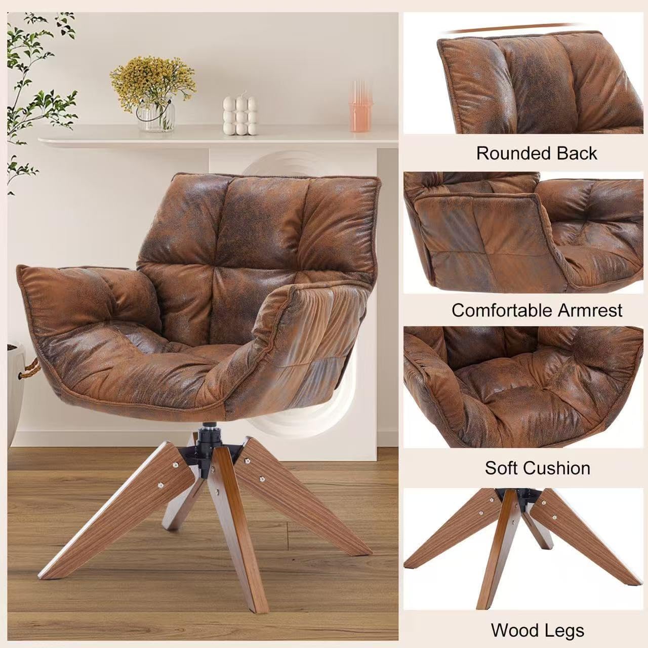 Mid Century Accent Chair, Hot Stamping Cloth Desk Chair no Wheel, Modern Cozy Vanity Chair Advanced & Wear-Resistant with Amrest, Wood Legs for Living Room, Reading Room, Bedroom, Brown