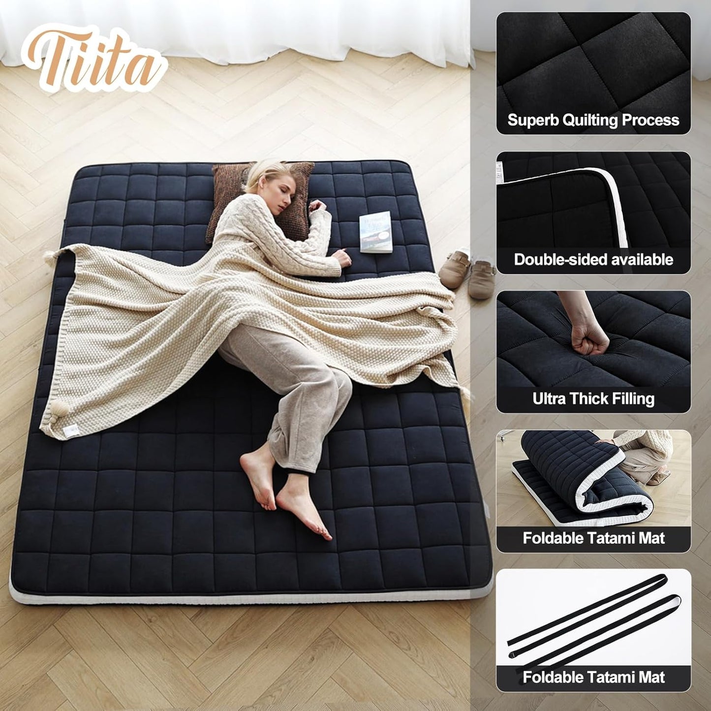 Tiita Japanese Floor Mattress, 4” Thicken Futon Mattress with Storage Bag and 2 Straps, Full Size Sleeping Tatami Mat for Adults，Black