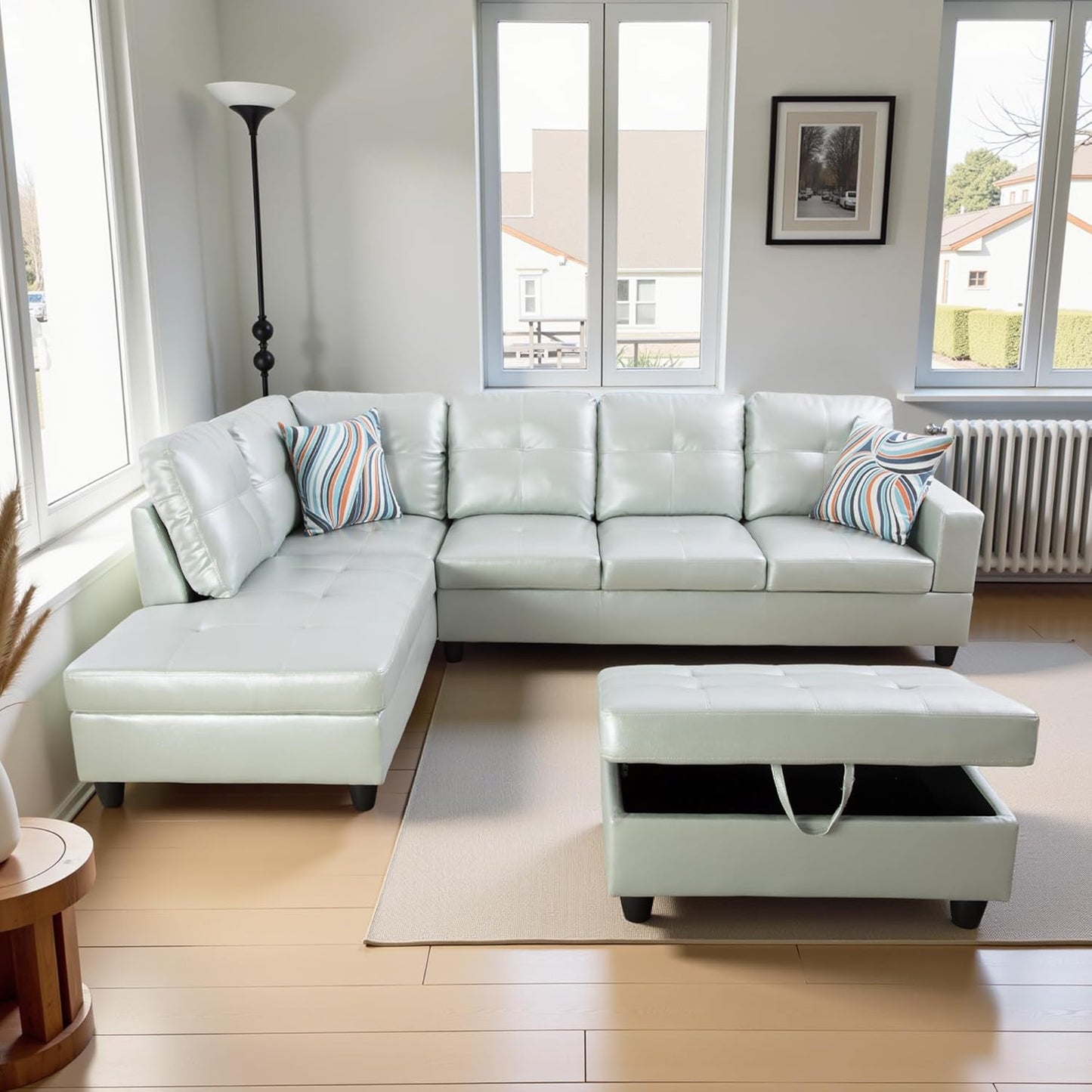 L Shaped Couch PU Leather Sectional Couch Upholstered 3 Pieces Sofas for Living Room with Chaise, Storage Ottoman for Office and Small Apartment, Silver Green