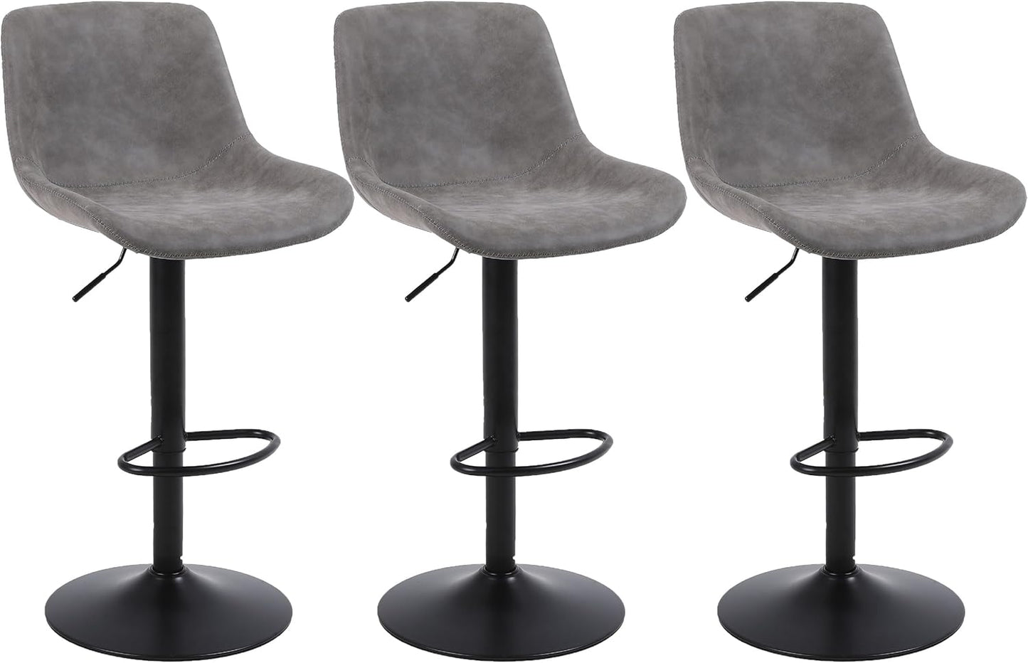 Bar Stools, Swivel Counter Height Barstools with Back, Adjustable Modern Bar Chairs, Tall Armless PU Leather Kitchen Island Stool (Grey, Set of 3)